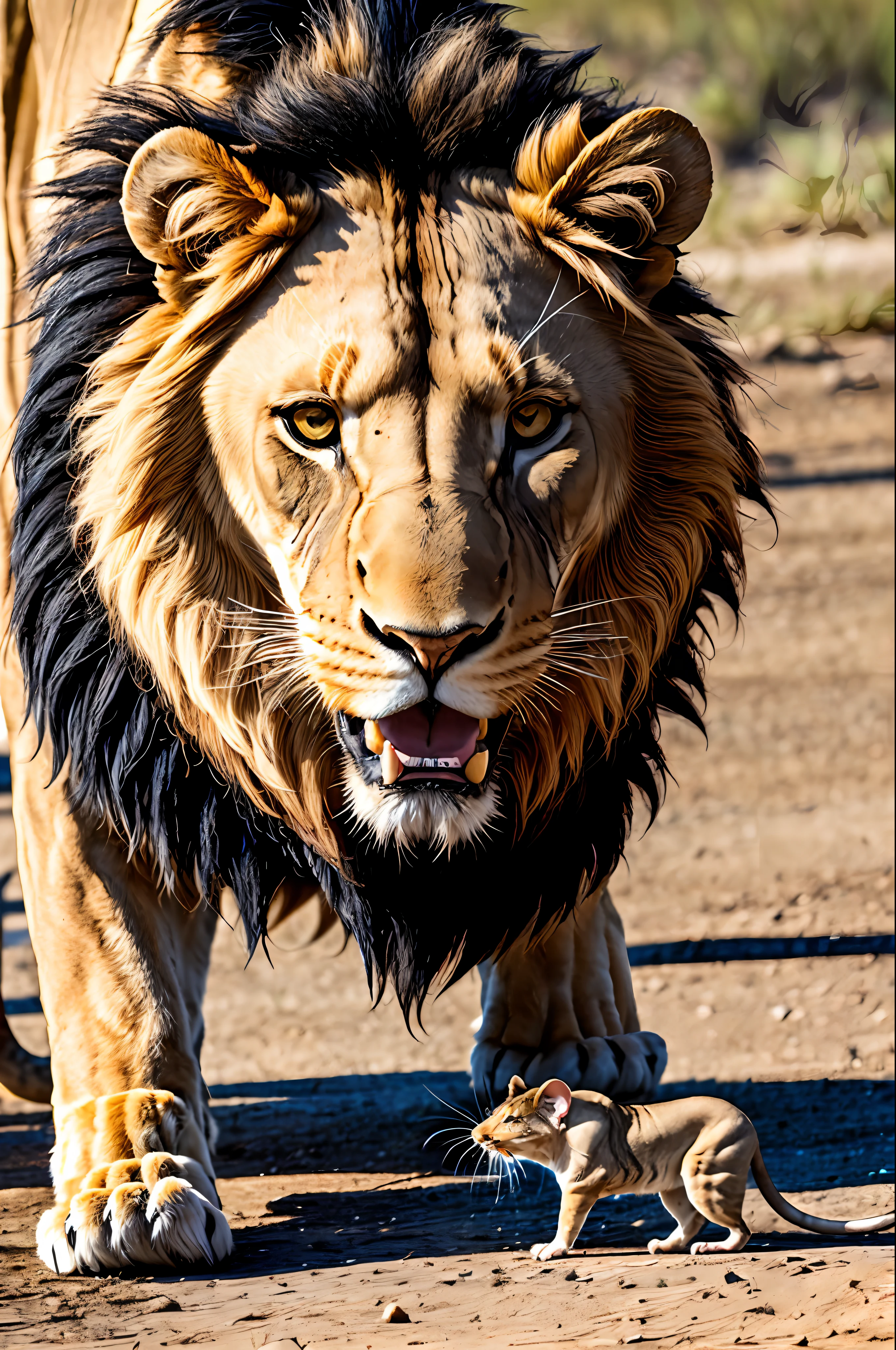 A lion looking at a mouse, about to devour it