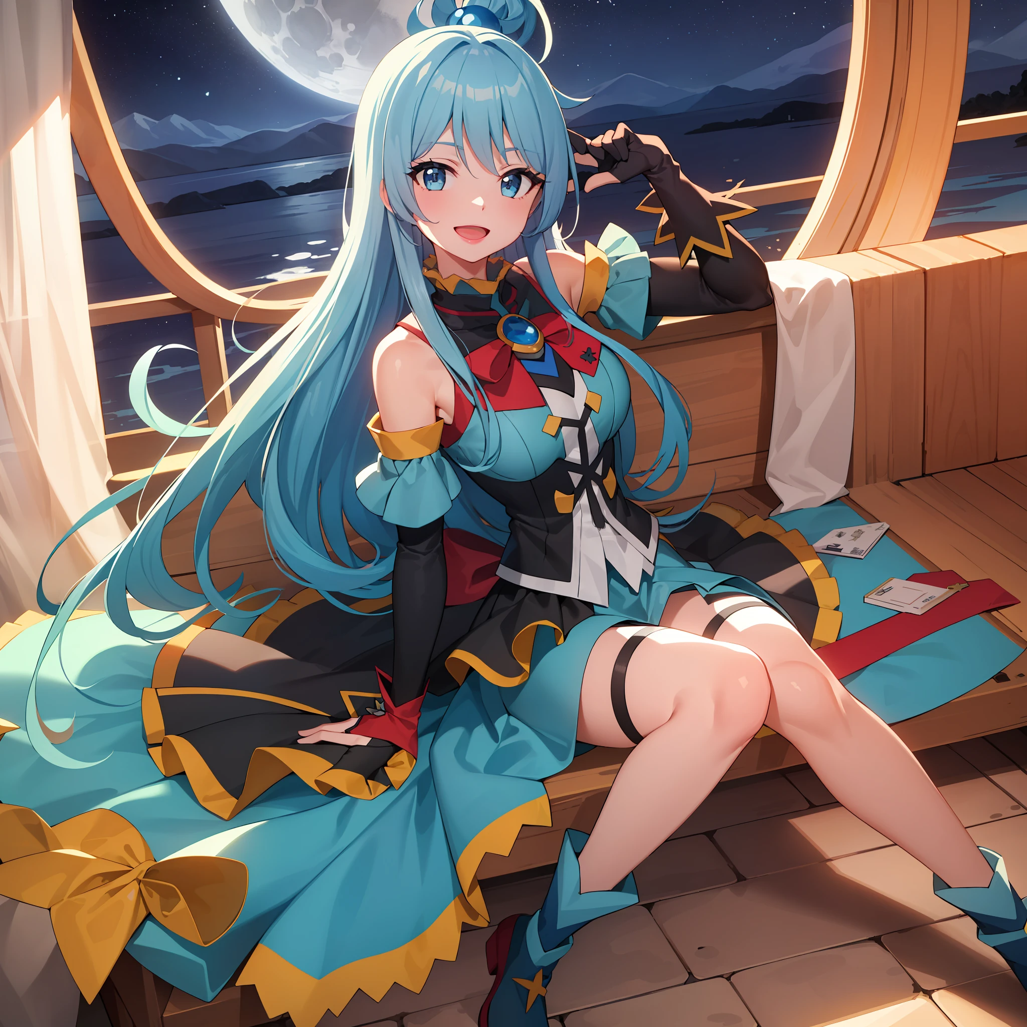 (masterpiece), (best quality), highres, ultra detailed, professional lighting, photography, mix4 adult, perfect skin, model, night, giant moon, 1girl, solo, aqua_konosuba, bottom view, smug, smile, open mouth, blue eyes, light blue hair, long hair, gothic, ribbon, hair bow, garter straps, lipstick, gauntlets, swollen sleeves, sitting, detailed background, clear sky, stars, sickle