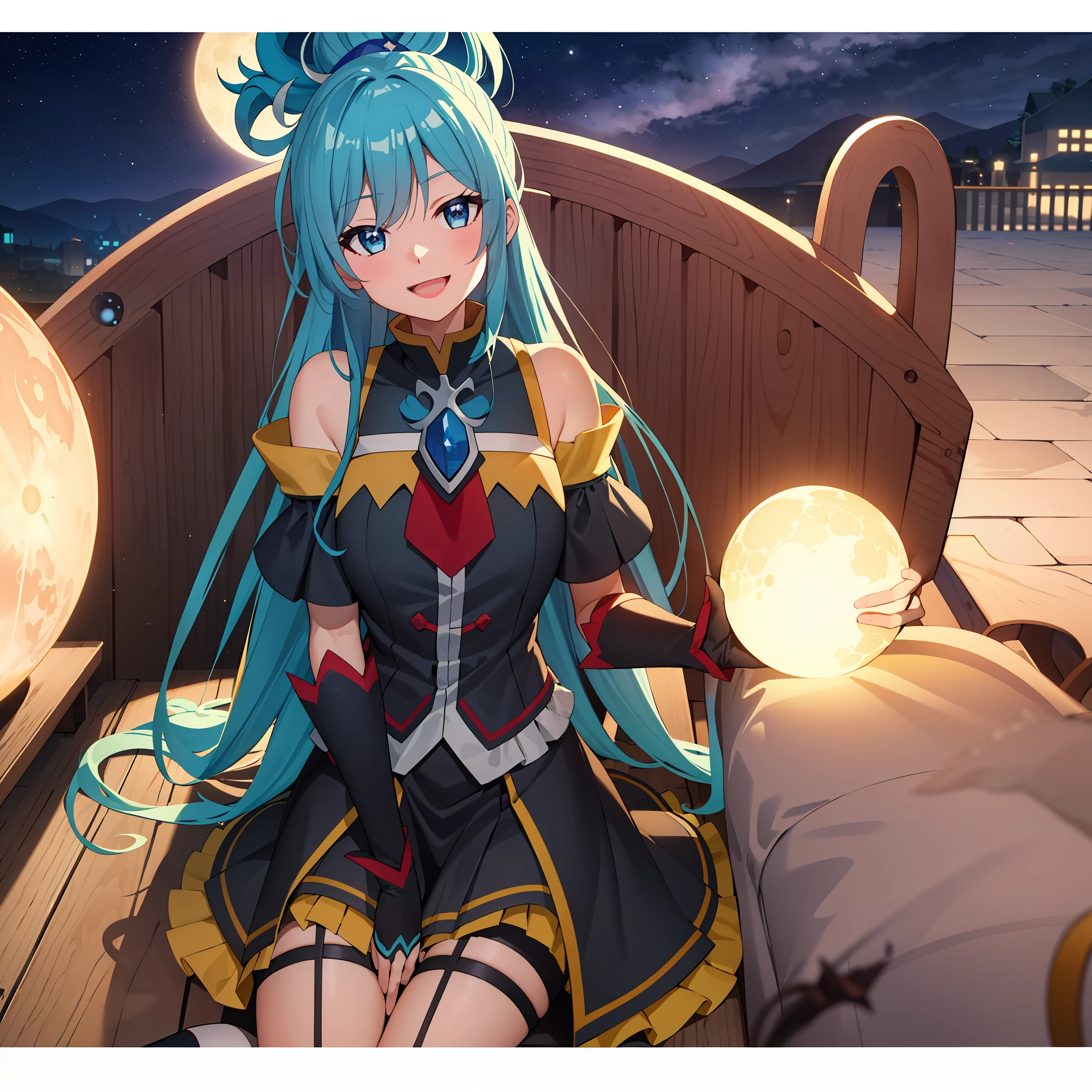 (masterpiece), (best quality), highres, ultra detailed, professional lighting, photography, mix4 adult, perfect skin, model, night, giant moon, 1girl, solo, aqua_konosuba, bottom view, smug, smile, open mouth, blue eyes, light blue hair, long hair, gothic, ribbon, hair bow, garter straps, lipstick, gauntlets, swollen sleeves, sitting, detailed background, clear sky, stars, sickle