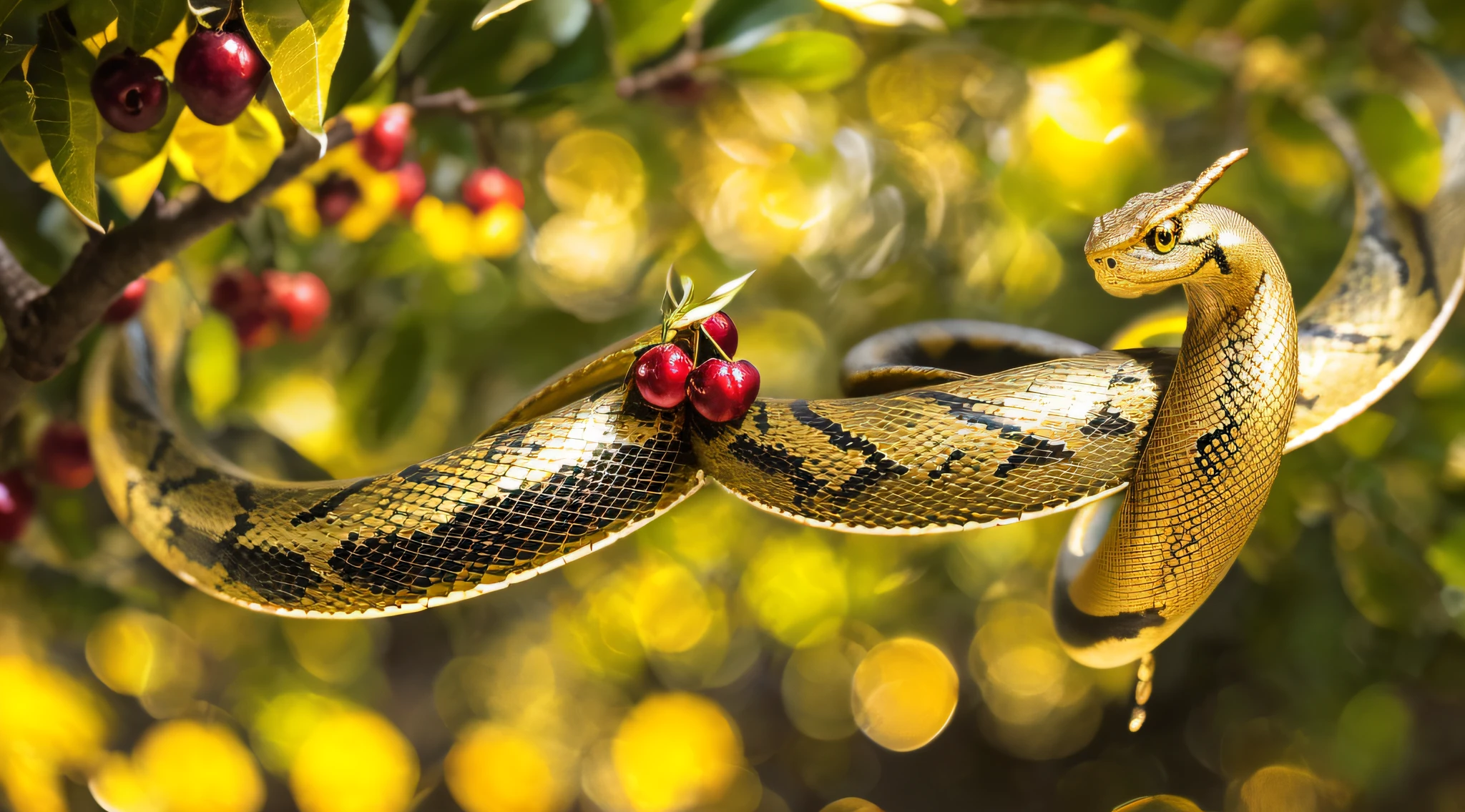 snake with dragon wings shiny like polished gold in black tree in center with red fruit, masterpiece, high quality, high quality, highly detailed CG unit 8k wallpaper, award-winning photos, bokeh, depth of field, HDR, bloom, chromatic aberration, realistic, very detailed, trend in artstation, trend in CGsociety, complex, high detail, dramatic, art in the middle of the journey, Volumetric lighting