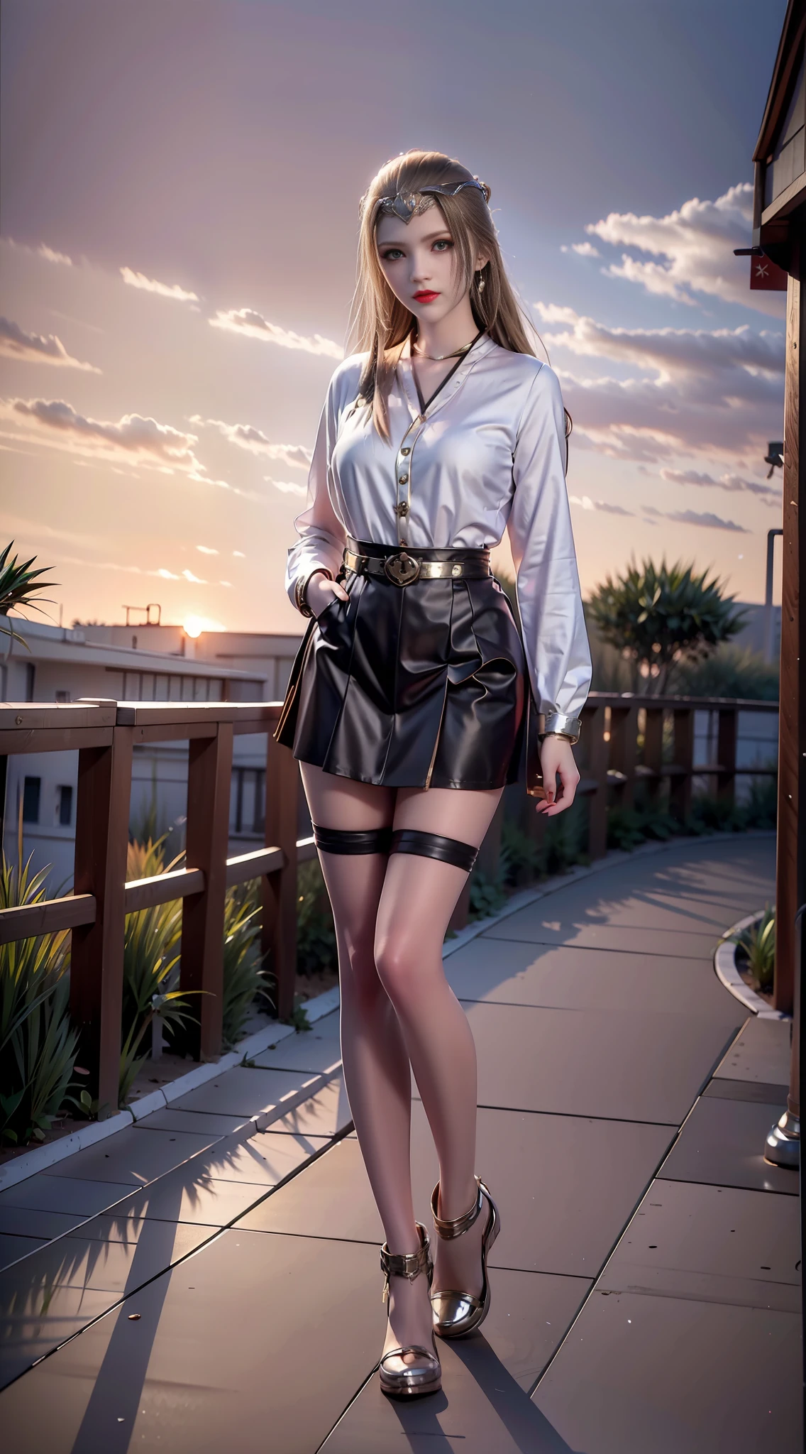 Ultra High Resolution, Realistic, Photo Realistic, Imagination, (Reality), Clear Sky, Composition, Sunset, (HDR:1.5), Outdoor, Intricate Detail, Collared Shirt, Skirt, Black Stockings, 8K, Standing, Looking at Viewer, Hands in Pockets, Red Lips,