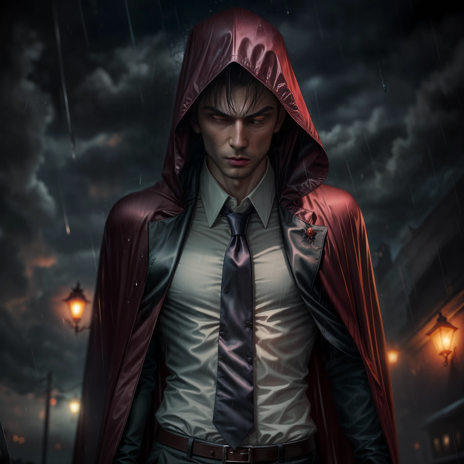 a tense Vampire in a suit cape and tie, on a rainy night - self