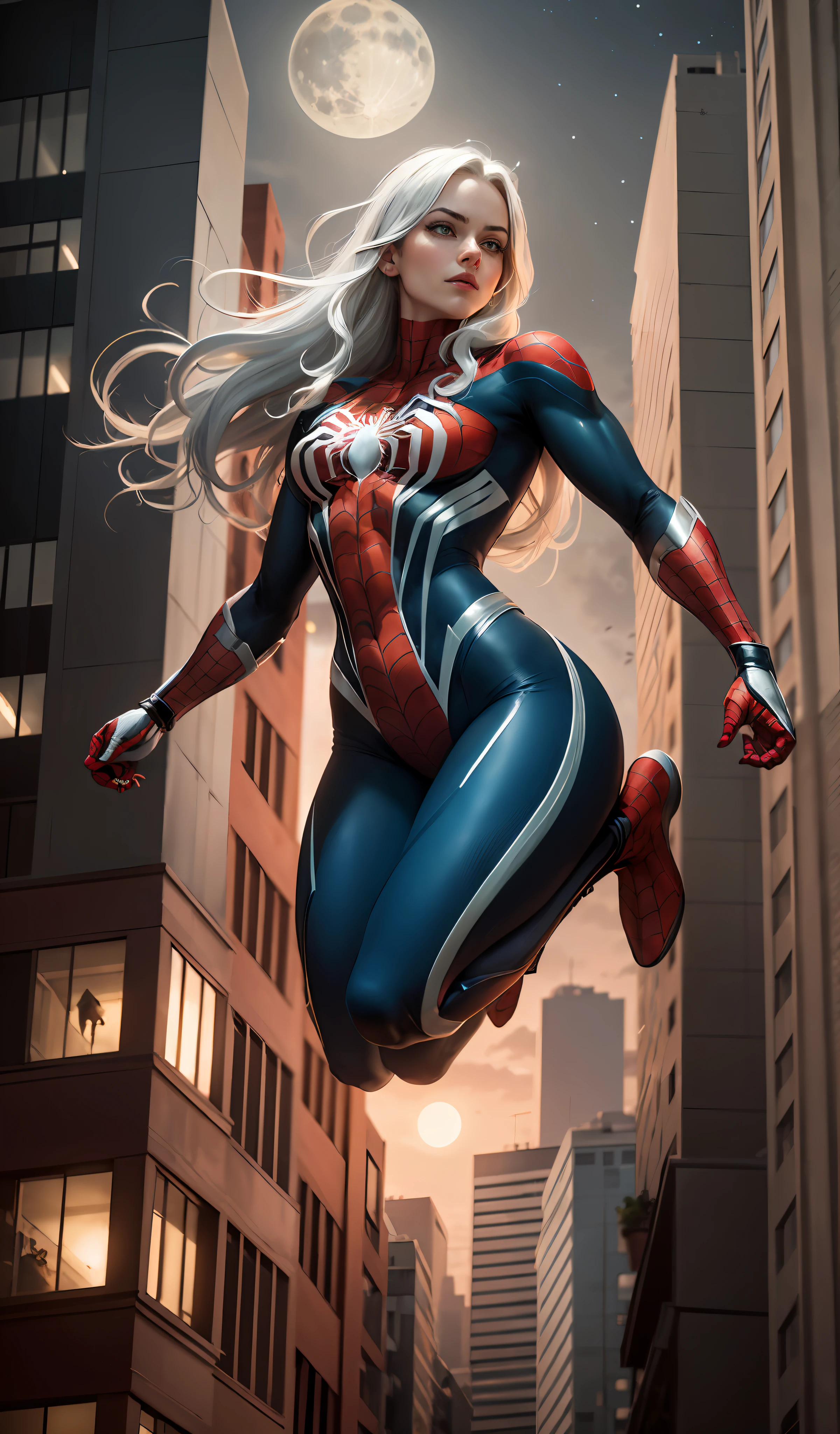 (Masterpiece, 4k resolution, ultra-realistic, very detailed), (White superhero theme, charismatic, there's Emma Stone at the top of town, wearing Spider-Man costume, she's a superhero), [ ((25 years), (long white hair:1.2), full body, (blue eyes:1.2), ((Spider-Man pose),show of strength, jump from one building to another), ((sandy urban environment):0.8)| (cityscape, at night, dynamic lights), (full moon))] # Explanation: The Prompt mainly describes a 4K painting of ultra-high definition, very realistic, very detailed. It shows a superheroine at the top of the city, wearing a Spider-Man costume. The theme in the painting is a white superhero theme, the female protagonist has long white hair, is 25 years old and her entire body is shown in the painting. In terms of portraying the actions of superheroines, spiders are employed
