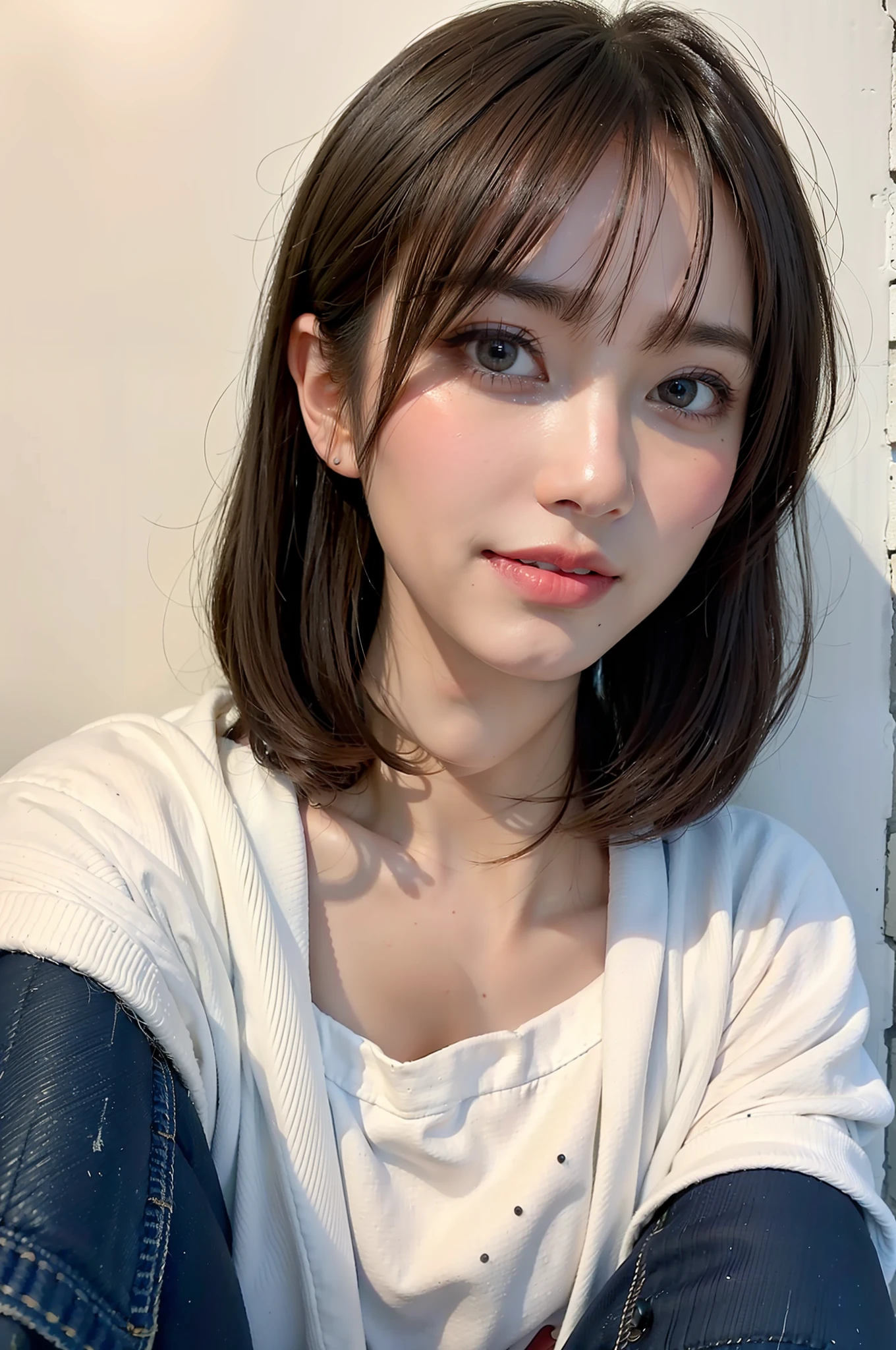 Top Quality, Masterpiece, Ultra High Resolution, (Realistic, : 1.4), Original Photo, (True Skin Texture: 1.3), (Film Grain: 1.3), Panorama, Portrait, Very Wide Lens, Narrow Waist, Denim Lens, (Bangs, Inconspicuous, Cold Light), Up Close, Tears, Short Hair, Long Neck, Ears, Bangs, Big Eyes, Brightly Colored Eyes, In the House, Dust, Tyndale effect, (facial expression), sitting, (hitting the wall), crying, frowning, (looking down), nervousness, tears, smiling happily one girl, eyes and face with beautiful details, white jabot, pink dark V, brown eyes,