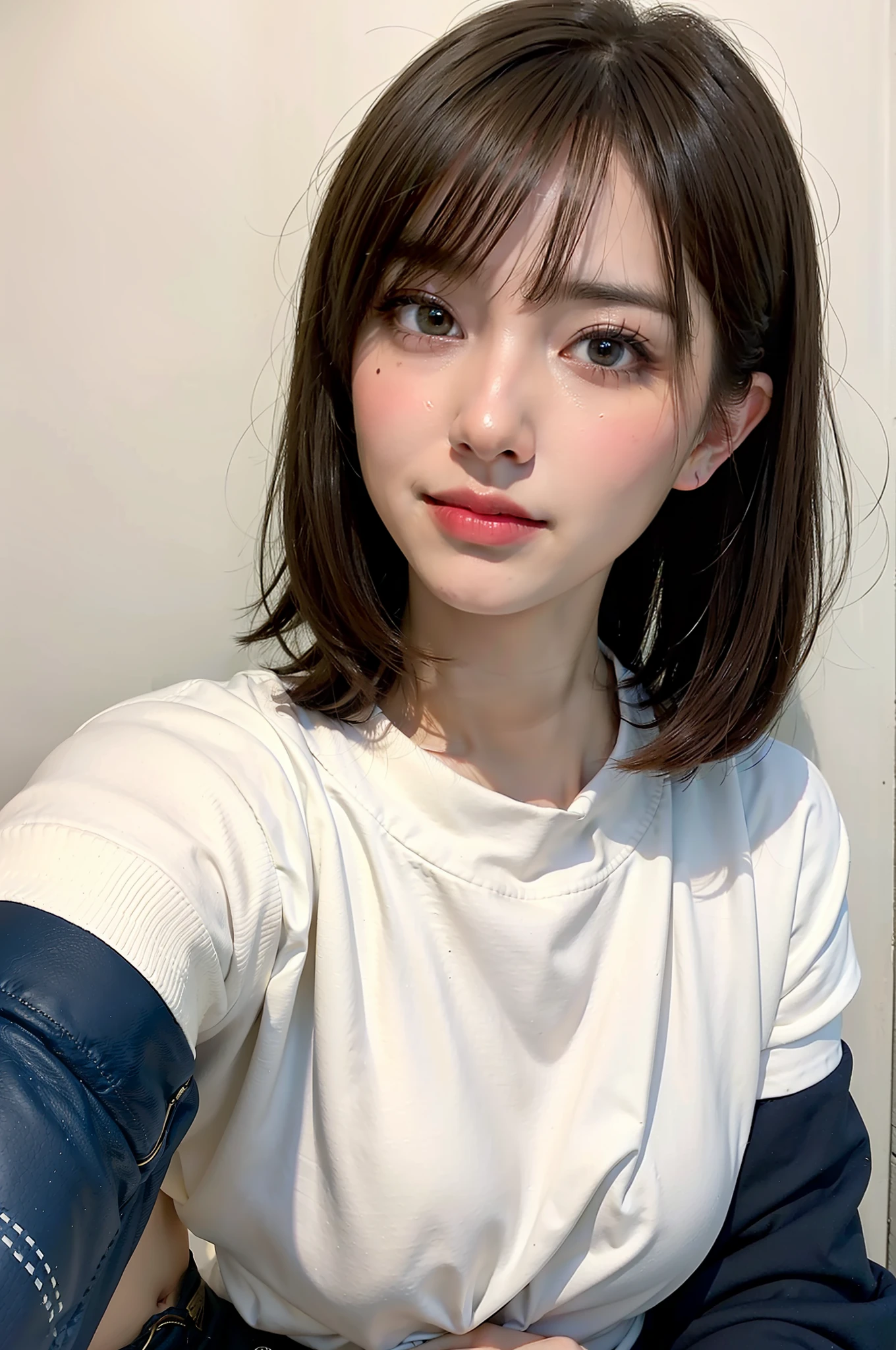 Top Quality, Masterpiece, Ultra High Resolution, (Realistic, : 1.4), Original Photo, (True Skin Texture: 1.3), (Film Grain: 1.3), Panorama, Portrait, Very Wide Lens, Narrow Waist, Denim Lens, (Bangs, Inconspicuous, Cold Light), Up Close, Tears, Short Hair, Long Neck, Ears, Bangs, Big Eyes, Brightly Colored Eyes, In the House, Dust, Tyndale effect, (facial expression), sitting, (hitting the wall), crying, frowning, (looking down), nervousness, tears, smiling happily one girl, eyes and face with beautiful details, white jabot, pink dark V, brown eyes,