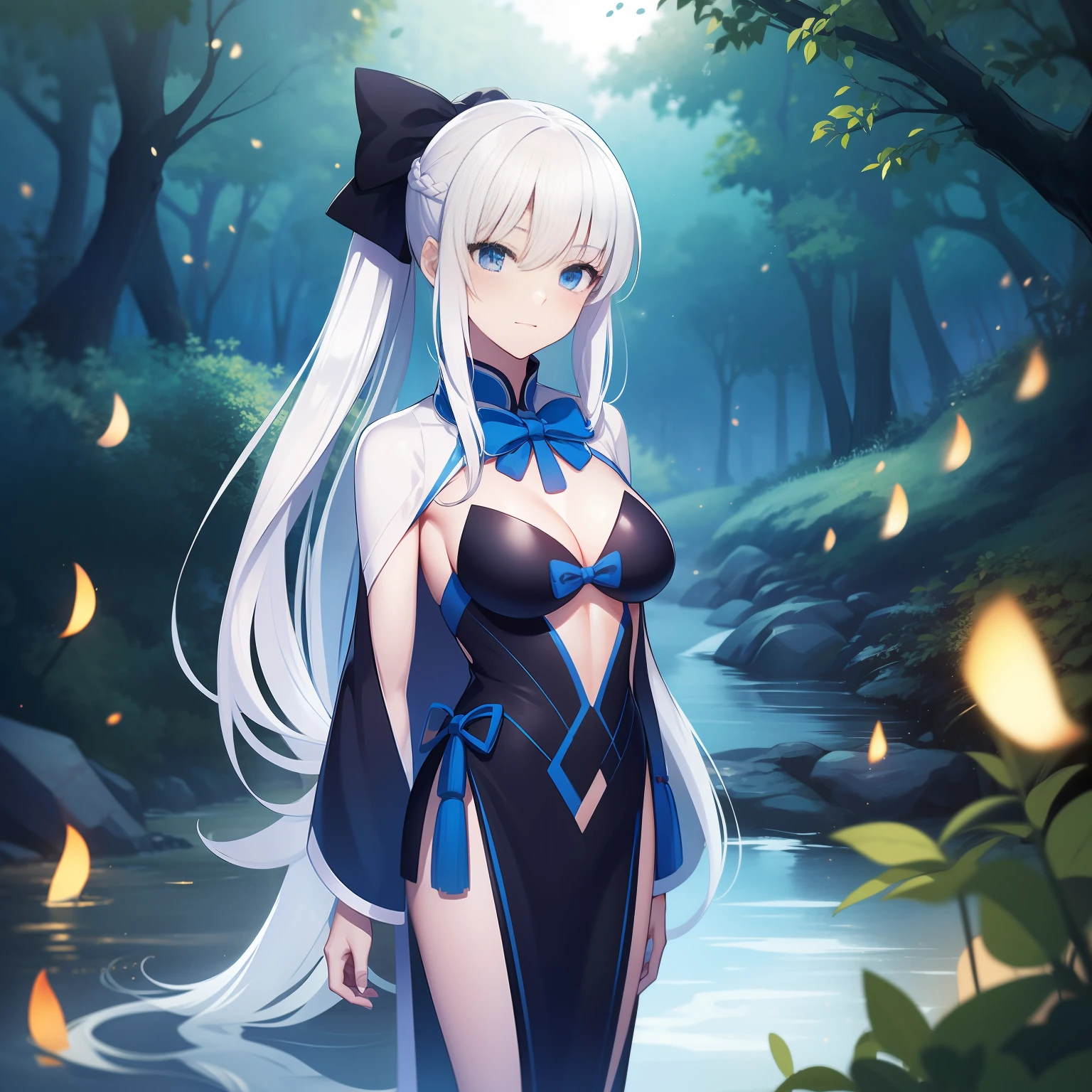 1 girl, dark night, wild, lakeside, woods, fireflies, white hair, long hair, floating hair, black bow, standing position, blue eyes