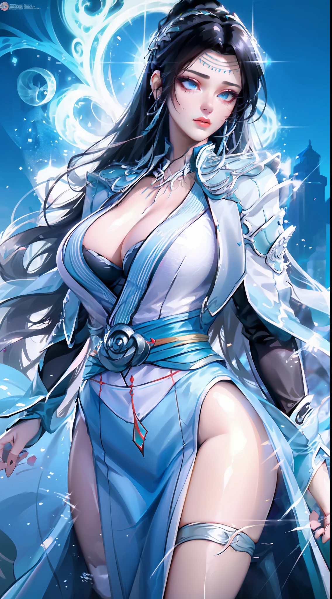 (Best quality, 4k, Masterpiece :1.3), beautiful woman, hyper realistic, 1girl, (massive breasts, attractive body :1.2), Wallpaper HD, Standing on castle, ultra-detailed face, detailed lips, detailed eyes, double eyelid, sensual low-necked dress, open neckline, hanging breasts, Walking pose, visible curves, transparent robe, muscular turned leg, shiny body