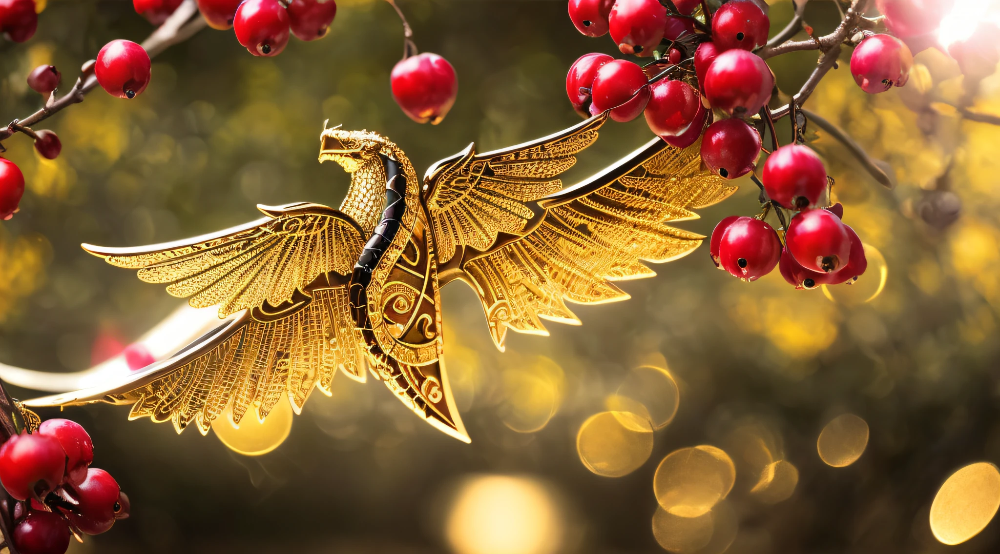 in the center a serpent with dragon wings shining as polished gold in black tree in the center with red fruit, masterpiece, high quality, high quality, highly detailed CG unit 8k wallpaper, award-winning photos, bokeh, depth of field, HDR, bloom, chromatic aberration, realistic, very detailed, trend in artstation, trend in CGsociety, complex, high detail, dramatic, Art in the middle of the journey, volumetric lighting