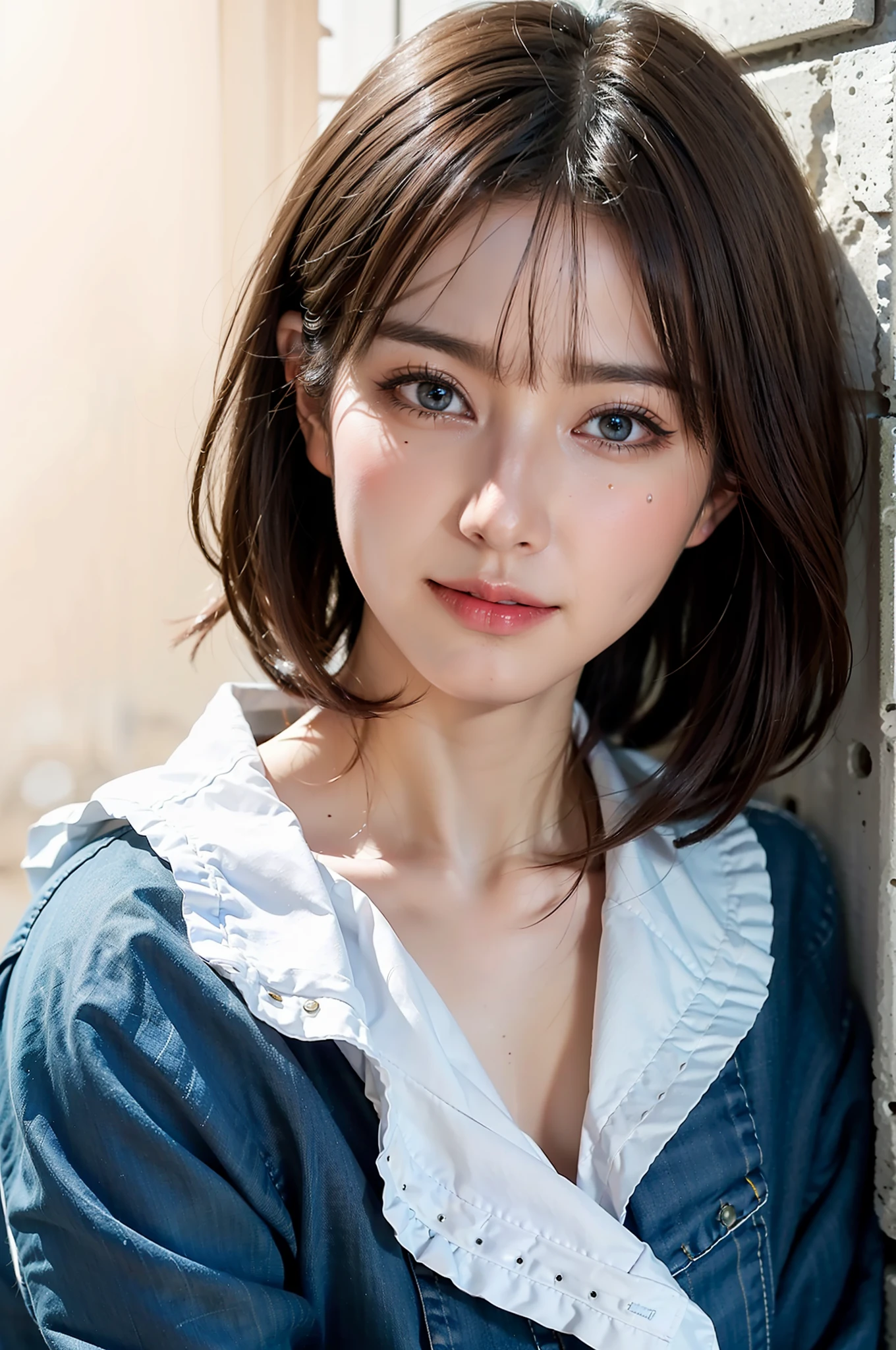 Top Quality, Masterpiece, Ultra High Resolution, (Realistic, : 1.4), Original Photo, (True Skin Texture: 1.3), (Film Grain: 1.3), Panorama, Portrait, Very Wide Lens, Narrow Waist, Denim Lens, (Bangs, Inconspicuous, Cold Light), Up Close, Tears, Short Hair, Long Neck, Ears, Bangs, Big Eyes, Brightly Colored Eyes, In the House, Dust, Tindall effect, (facial expression), sitting, (hitting a wall), crying, frowning, (looking down), nervousness, tears, smiling happily
one girl, eyes and face with beautiful details, white jabot, pink dark V, brown eyes,