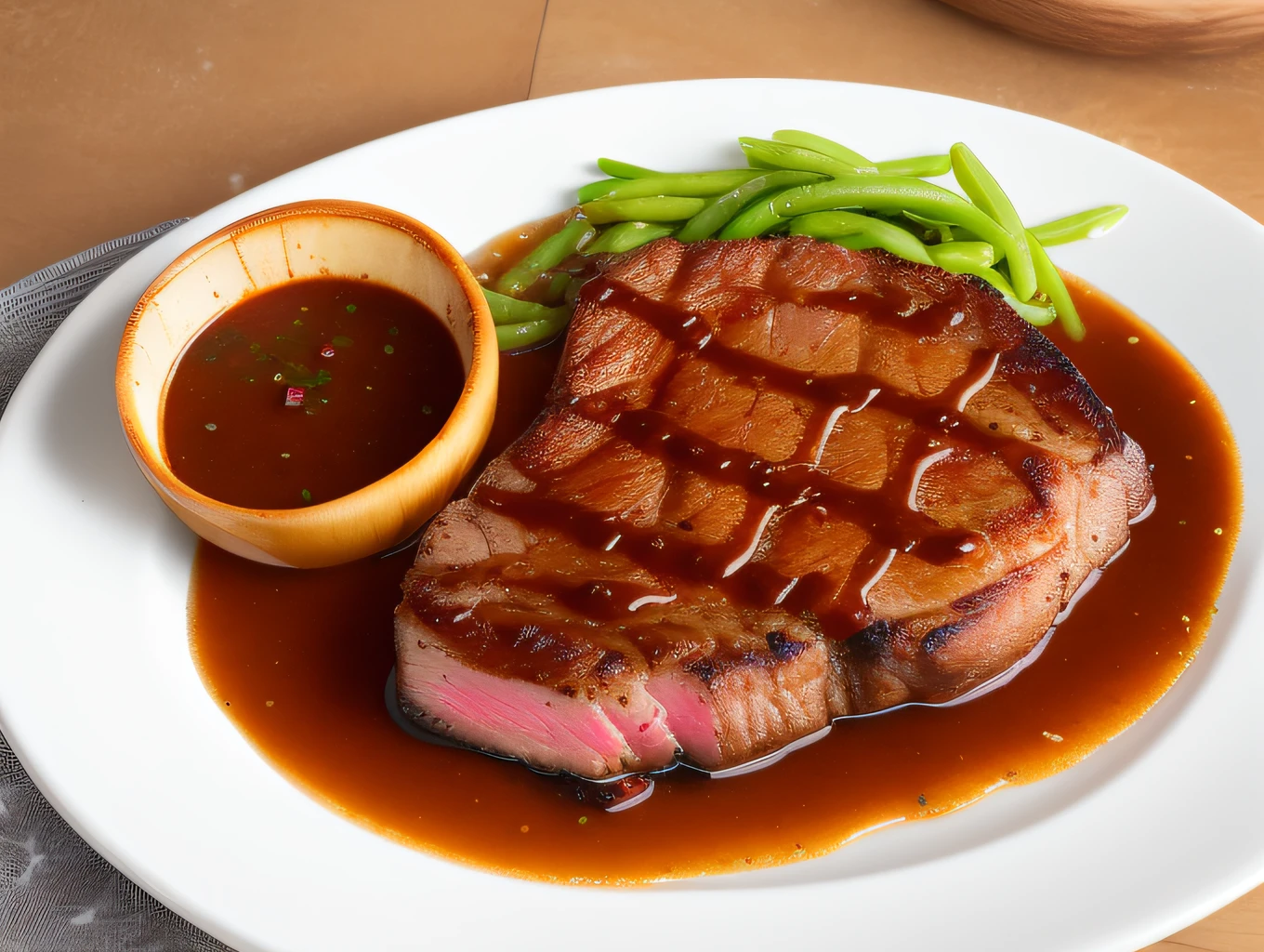 Oval shaped steak with a shiny, tender steak with a shiny sauce and appetizing, tender steak topped with melted black pepper sauce