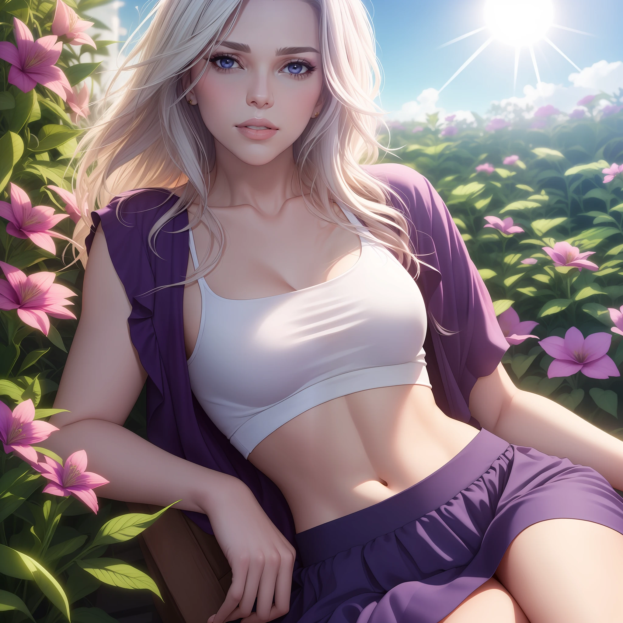 Scarlett Joansson realistic, white hair, purple eyes, bright eyes, cropped top, skirt, lips half-open, blush, night, flowers, sun, sunlight,