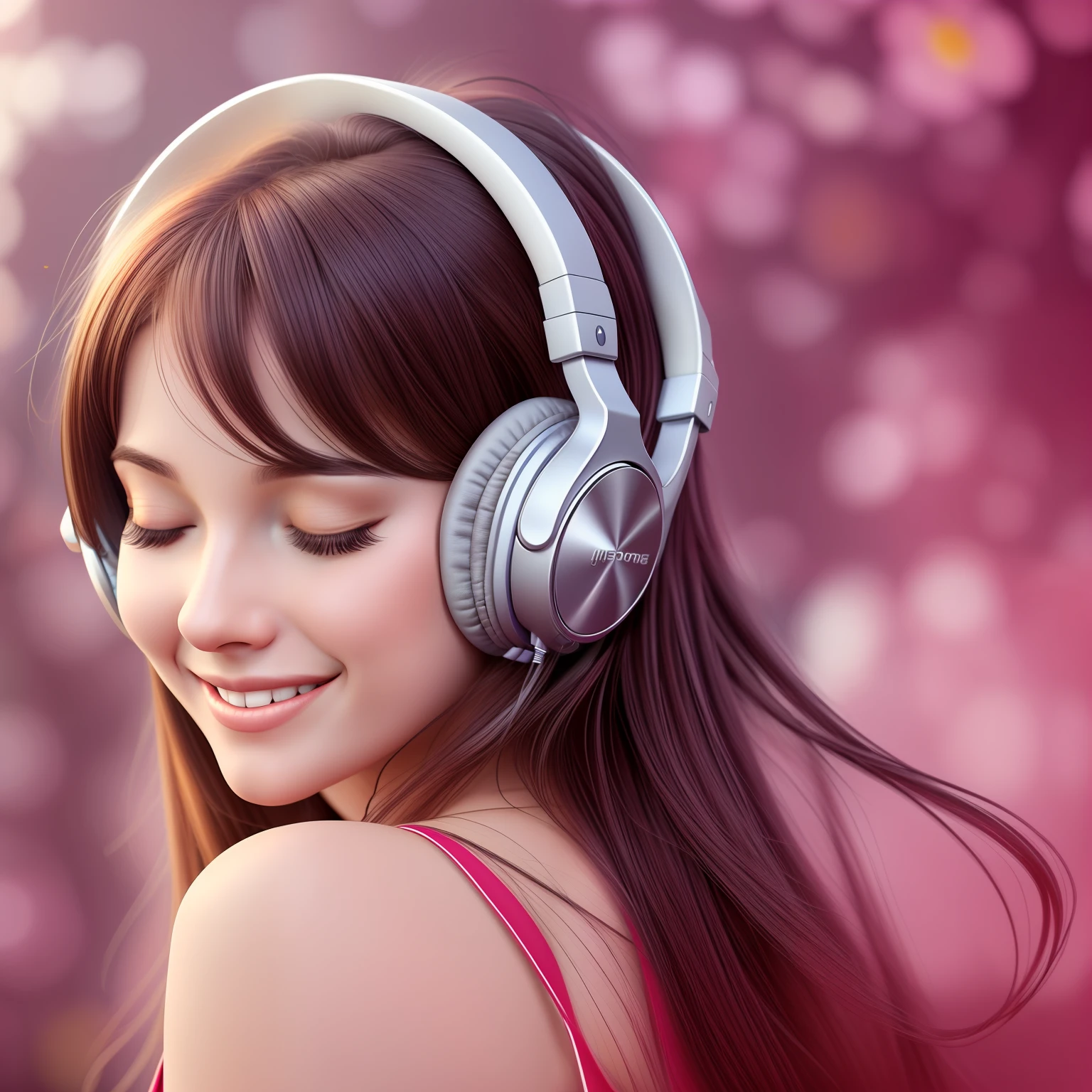 1beautiful young woman with headphones half-closed eyes,expression of pleasure and smiling