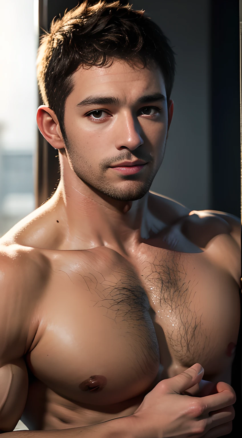 handsome muscular man who looks like Chris Redfield of Resident Evil, mischievous smile, (small details: 1 in 1), natural muscles, higher quality, beautiful eye, (Detailed face and eyes), (face、: 1 of 2), noise, real pictures、... ...PSD, Sharp Focus, High Resolution 8k, Real & Professional Photography, 8K UHD, Soft Lighting, High Quality, Film Grain, FUJIFILM XT3