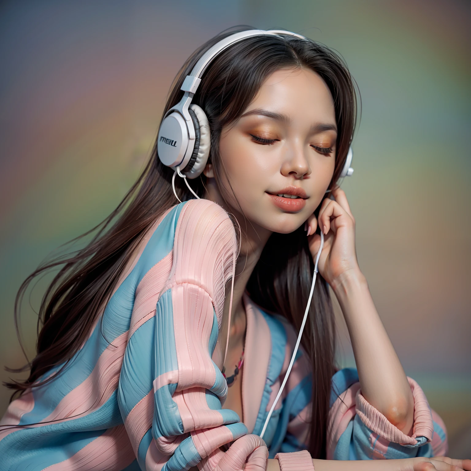 1beautiful young woman with headphones half-closed eyes,expression of pleasure and smiling