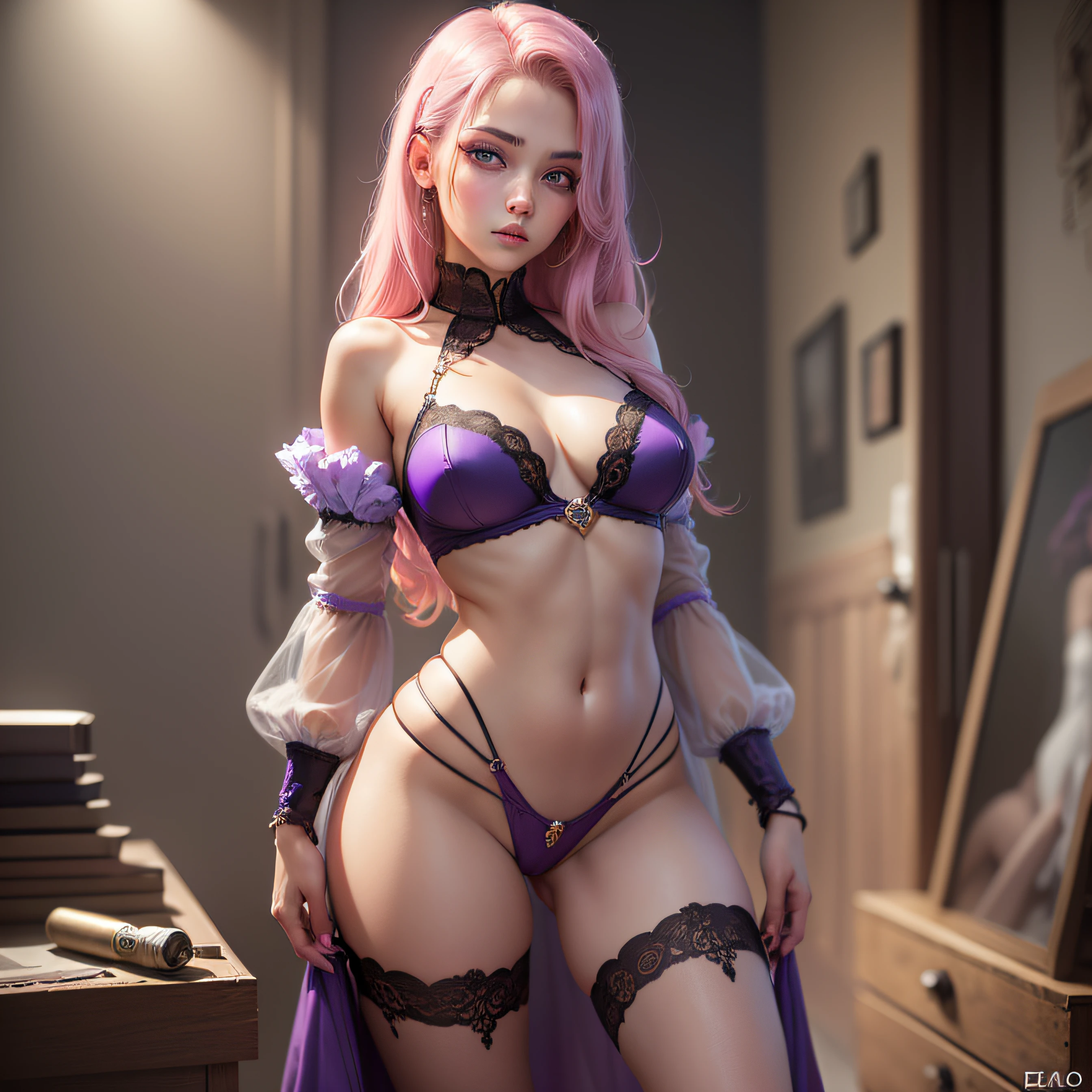 Realistic, Hyper Detail, Girls Only, 21 years old, Dynamic Lighting, (Glossy Skin: 1.5), Masterpiece, Superior Quality, Absurd, Bob Lemeral One-Cut in Layers, (Blonde to Pink Hair: 1.3), ((Transparent Purple Eyes), ((Beautiful and Detailed Eyes, Living Eyes, Bright Eyes: 1.3)), Cute Girl, Charming and Cute , Enchanted Girl, Pretty Girl, Sexy Pretty Girl, Sexy Woman, Beautiful Artwork, Fine Details, Best Girl, Detailed Digital Art, Olhando_em_visualizador, Navel, (Scared), SFW, No Panties, Side Pose, No Panties