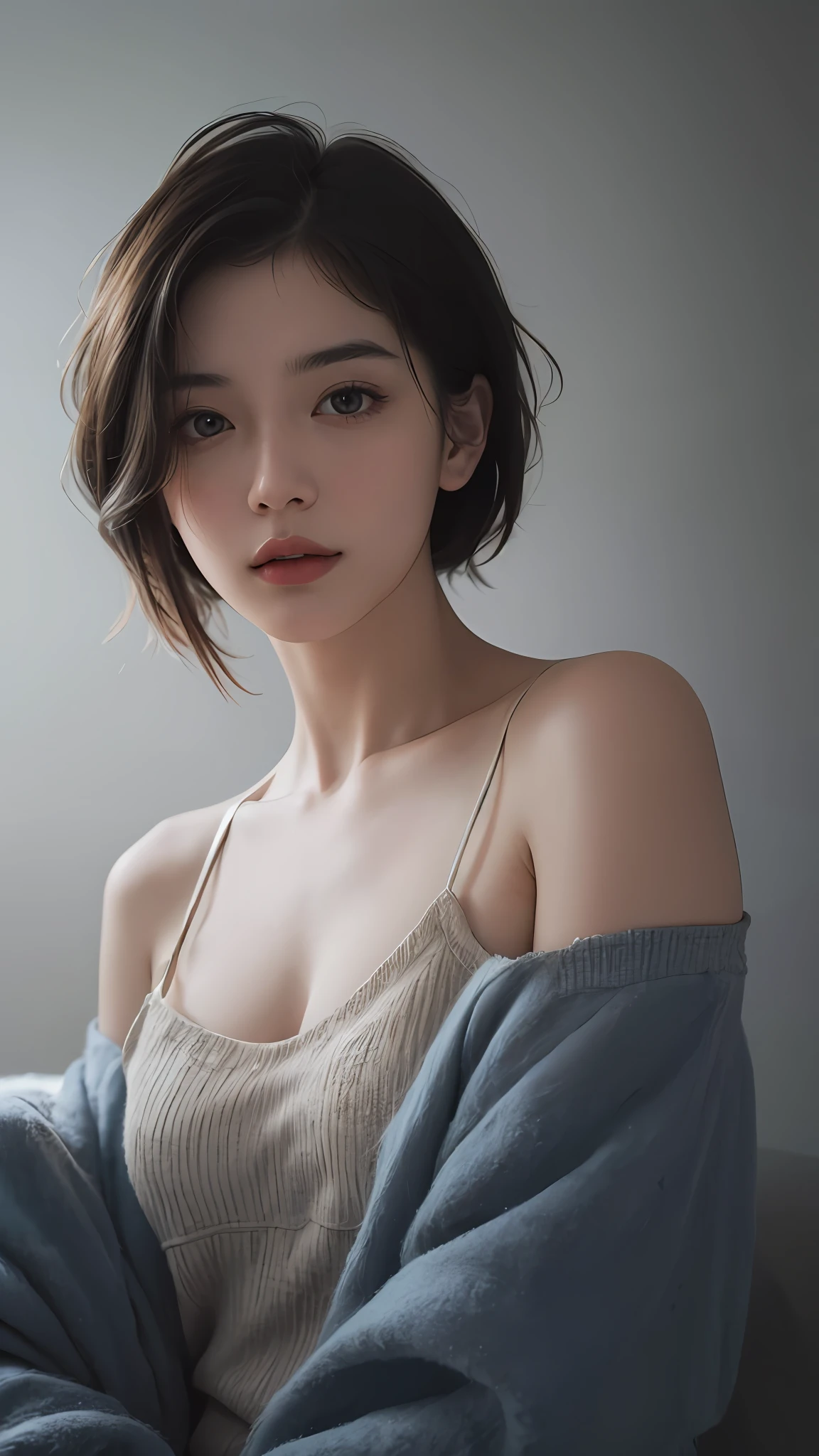 Best quality, masterpiece, ultra high res, (photorealistic:1.5), raw photo, 1girl, offshoulder, in the dark, deep shadow, low key, cold light, sexy look, short hair