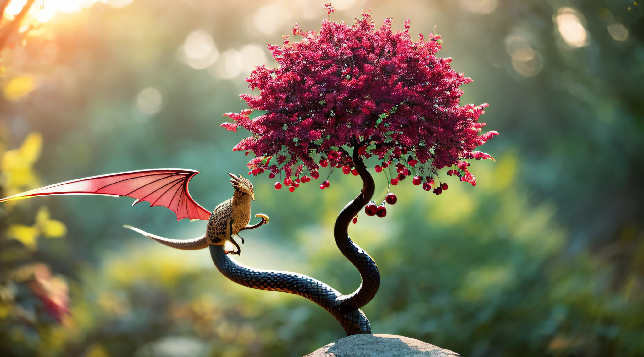 black tree with red fruit, and a snake with shiny dragon wings like polished gold, masterpiece, high quality, high quality, highly detailed CG unit 8k wallpaper, award-winning photos, bokeh, depth of field, HDR, bloom, chromatic aberration, realistic, very detailed, trend in artstation, trend in CGsociety, complex, high detail, dramatic, art in the middle of the journey,  Volumetric lighting