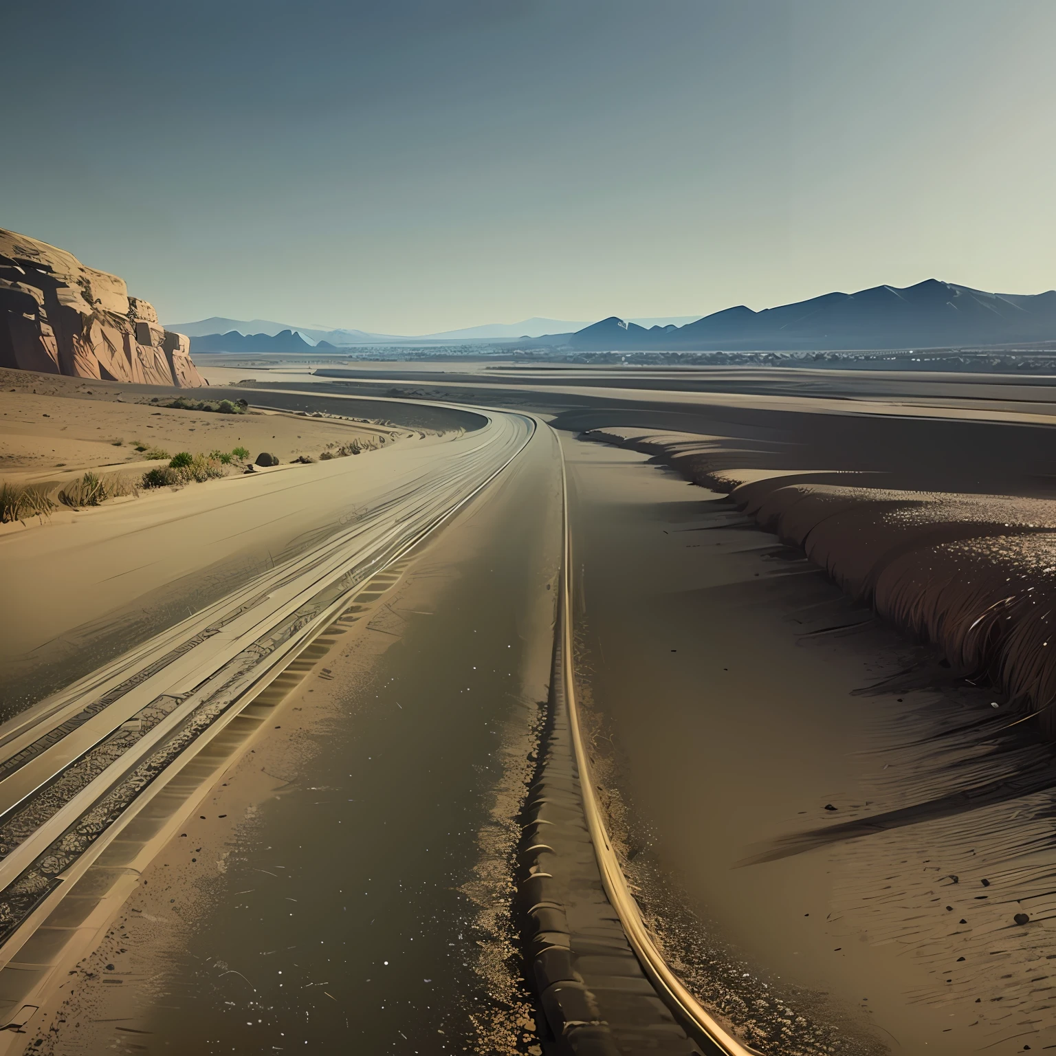 a dangerous dirt road, with few vegetation, realistic, desert with hills