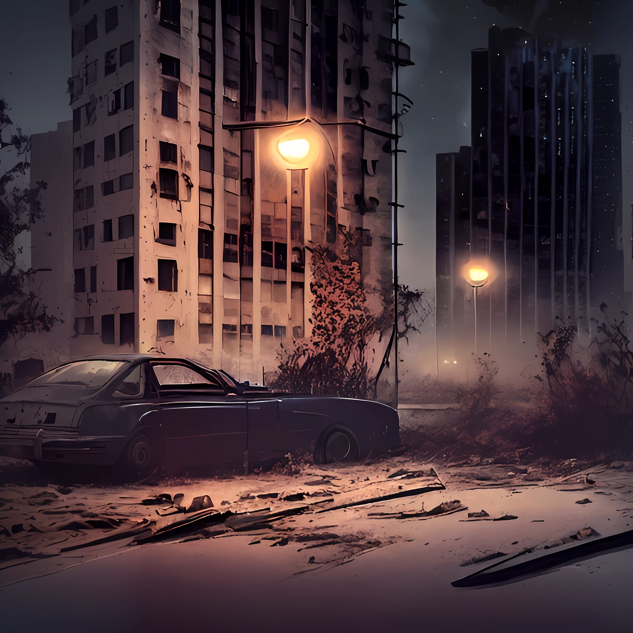 there is a car that is parked in the street at night, Ruas escuras e abandonadas da cidade, post - apocalyptic city streets, Post atmosphere-Apocalyptic, Post Street-Apocalyptic, in a post city-Apocalyptic, paisagem urbana arruinada ao ar livre, em uma paisagem urbana arruinada, post - apocalyptic city, cidade abandonada, apocalyptic city backround, an abandoned dystopian city, Post scene-Apocalyptic, City post-Apocalyptic