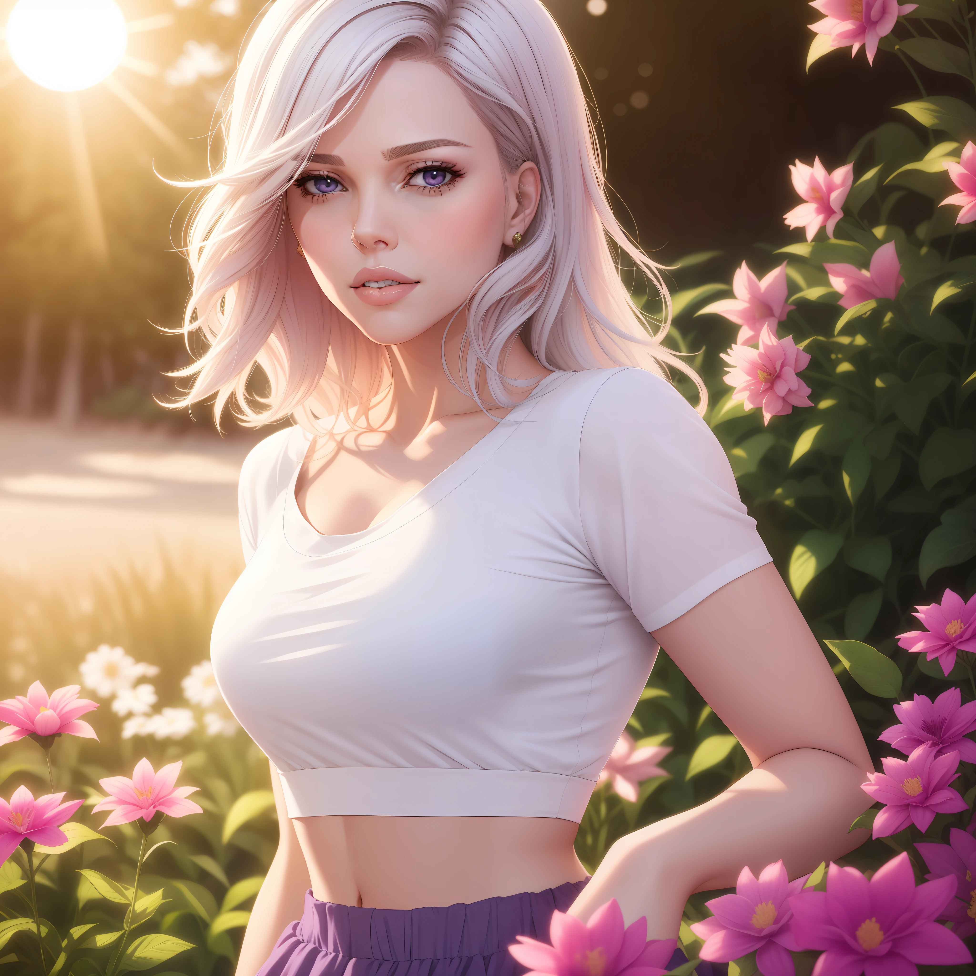 Scarlett Joansson realistic, white hair, purple eyes, bright eyes, cropped top, skirt, lips half-open, blush, night, flowers, sun, sunlight,
