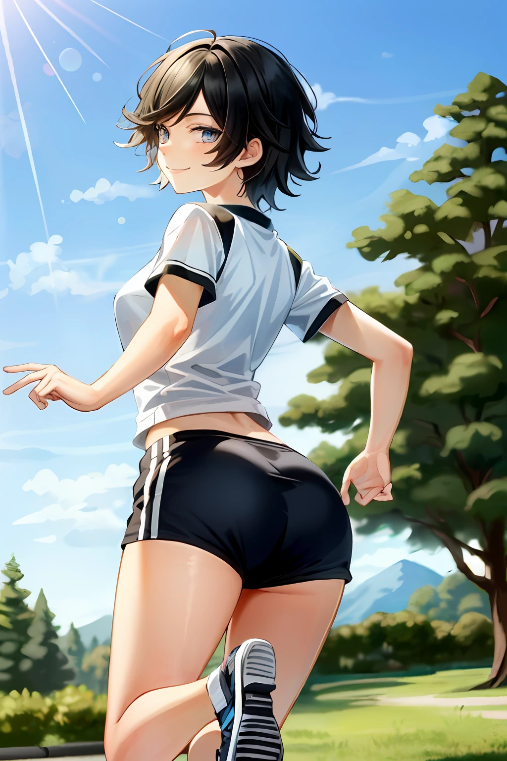 masterpiece, black hair, short hair, black eyes, best quality, hi-res, solo, short hair,look at viewer, wicked smile, ass facing you, running action and elegance, red gymnastics shorts, white running shirt, big, park, outdoor