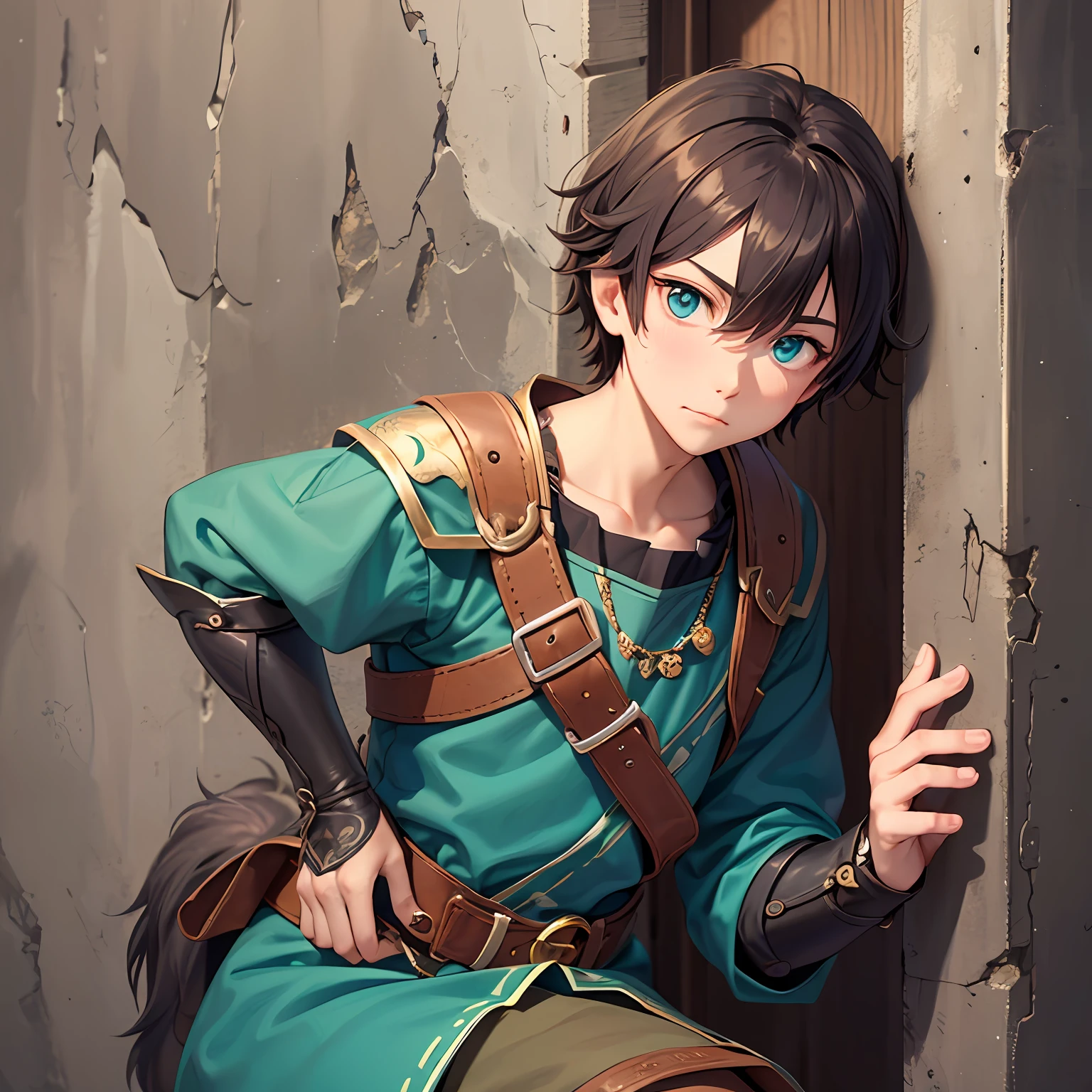1boy, mischievous loner leaning on a wall by a door, dynamic pose, digital illustration, ideal anatomy, sharp focus, detailed eyes, look at camera, embarrassed face, leather armor, single focus, solo, cinematic, short hair and rebel, amateur anime style, reflective eyes, masculine, cute, very dark brown hair and brown skin, waiting, sheathed longsword, loose hands, comical style, intricate details, kind and clumsy teenager, playful and teasing face, tired and wide eyelids , big nose, wolf features, sometimes likes to dress in color; apple green, mustard, teal, terracotta, burgundy and stone gray, does not stand out much, always wear baggy clothing, medieval times, arm and leg bandages, simple style, simple clothes, strap that holds your rapier on your waist, useful pockets , without animals, individual approach, brown skin, thief