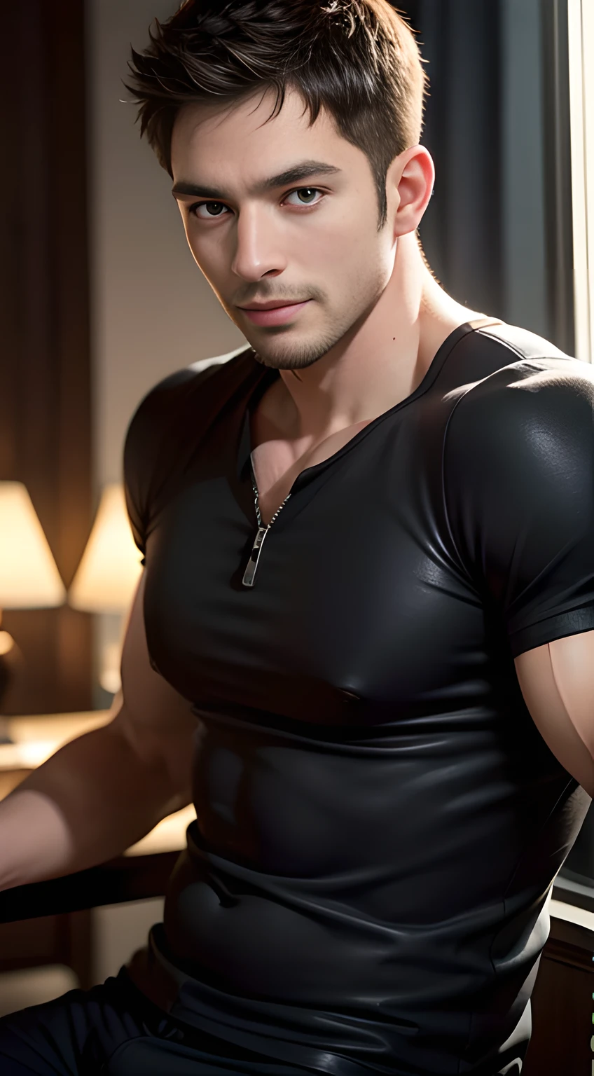 handsome muscular man who looks like Chris Redfield of Resident Evil, mischievous smile, (small details: 1 in 1), natural muscles, higher quality, beautiful eye, (Detailed face and eyes), (face、: 1 of 2), noise, real pictures、... ...PSD, Sharp Focus, High Resolution 8k, Real & Professional Photography, 8K UHD, Soft Lighting, High Quality, Film Grain, FUJIFILM XT3