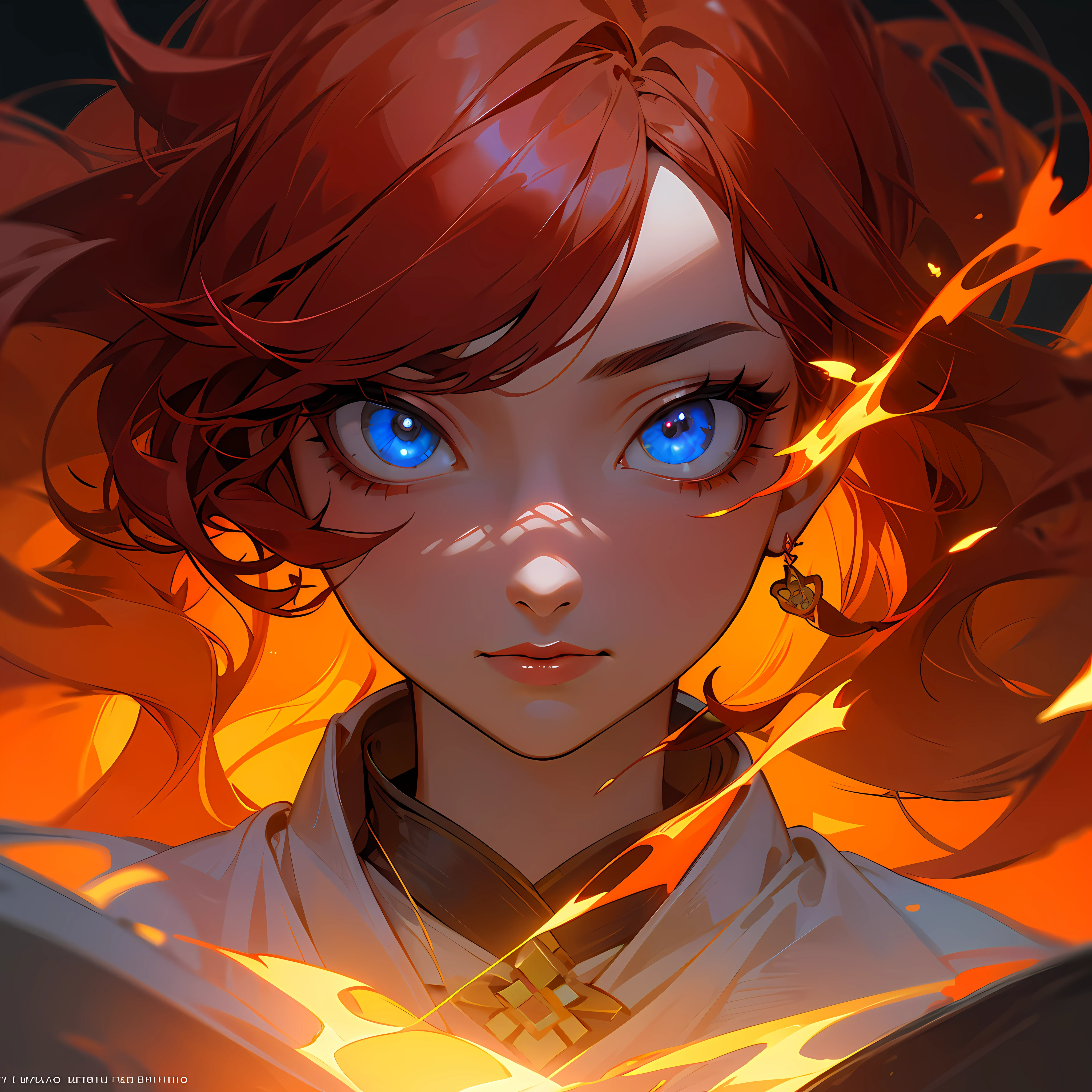 masterpiece, ultra realistic, there is a winged woman with long, curly red hair, on top of a mountain looking at the scarlet sky, bright eyes, flaming jewelry, centered, precise artistic lines, very beautiful eyes, very beautiful face, HDR --auto