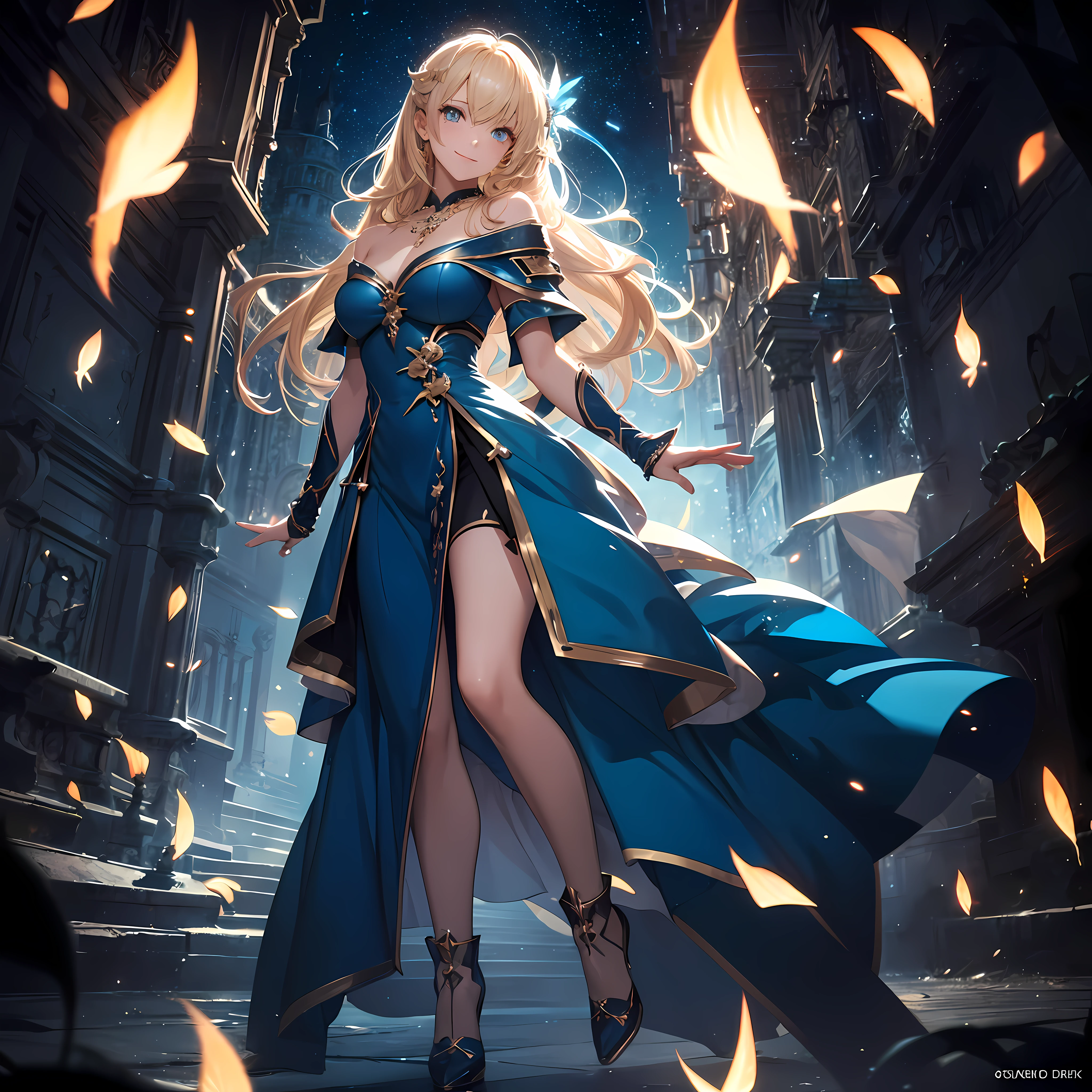 (extremely detailed CG unity 8k wallpaper, masterpiece, best quality, ultra-detailed), (an enchanting and captivating girl, with resplendent golden hair), (elven:0.5), looking at viewer, full body, (dynamic angle, dazzling blue eyes, exquisite necklace, enchanting smile), (a background of magic and mystery, fireflies, glowing particles, ethereal mist, and a touch of darkness), high saturation, cinematic light, rim lighting, best shadow, dancing, dragon tattoo on a leg, streaked hair, enchanting blue silk dress, high blue boots, blue battle gear