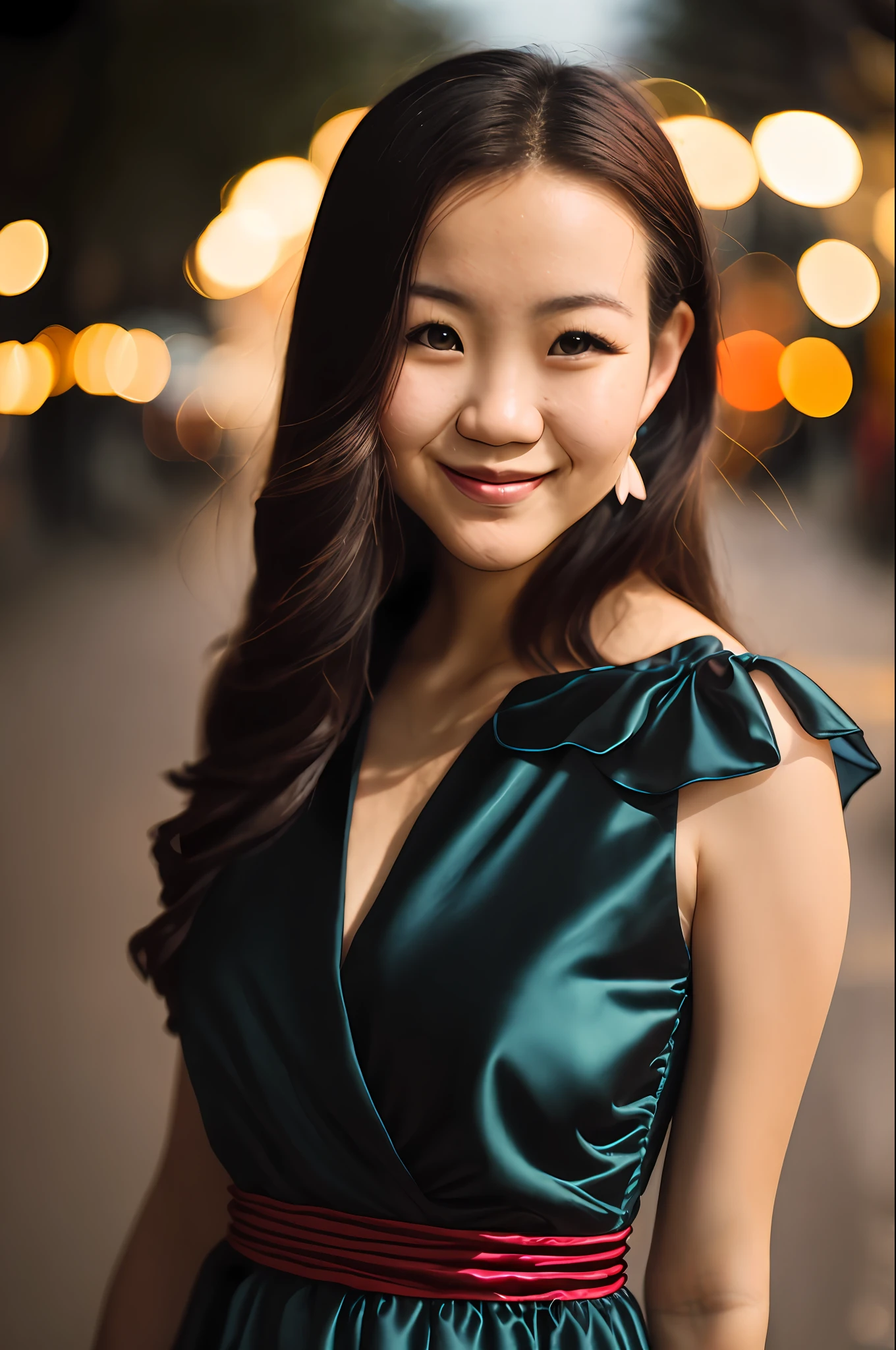 Amai Liu, (sharp focus:1.2), photo, attractive young KariSweets, (handsome face:1.1), detailed eyes, lush lips, (cat eye makeup:0.85), (smile:1.2), wearing (dress:1.2) in one (night street:1.2). (moody lighting: 1.2), depth of field, bokeh, 4K, HDR. by (James C. Christensen:1.2| Jeremy Lipking:1.1).