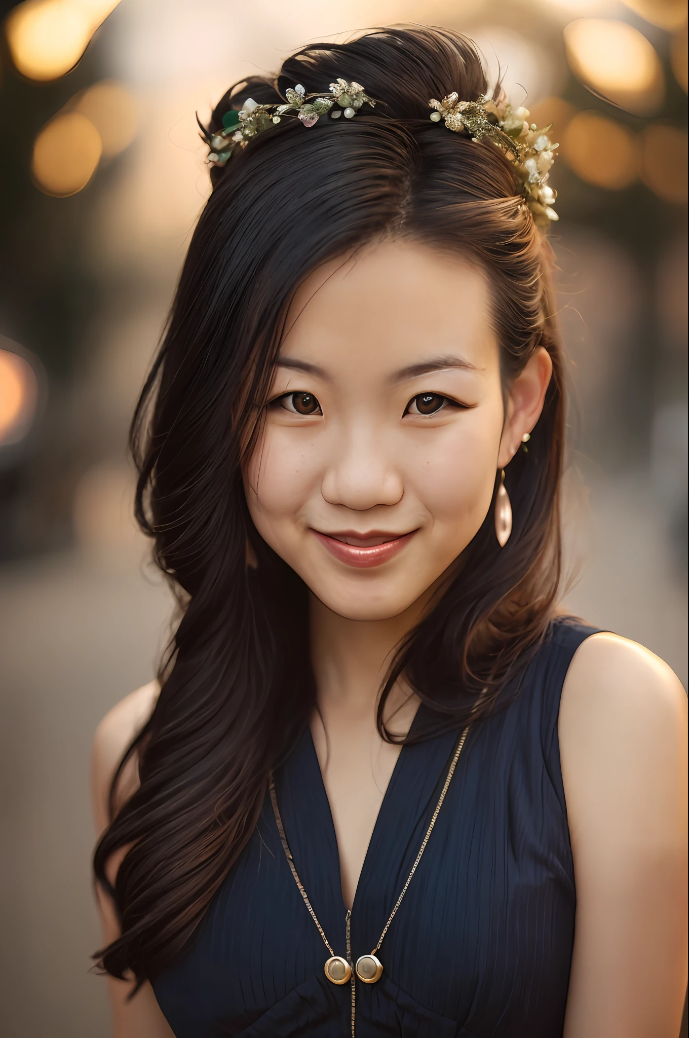 Amai Liu, (sharp focus:1.2), photo, attractive young KariSweets, (handsome face:1.1), detailed eyes, lush lips, (cat eye makeup:0.85), (smile:1.2), wearing (dress:1.2) in one (night street:1.2). (moody lighting: 1.2), depth of field, bokeh, 4K, HDR. by (James C. Christensen:1.2| Jeremy Lipking:1.1).