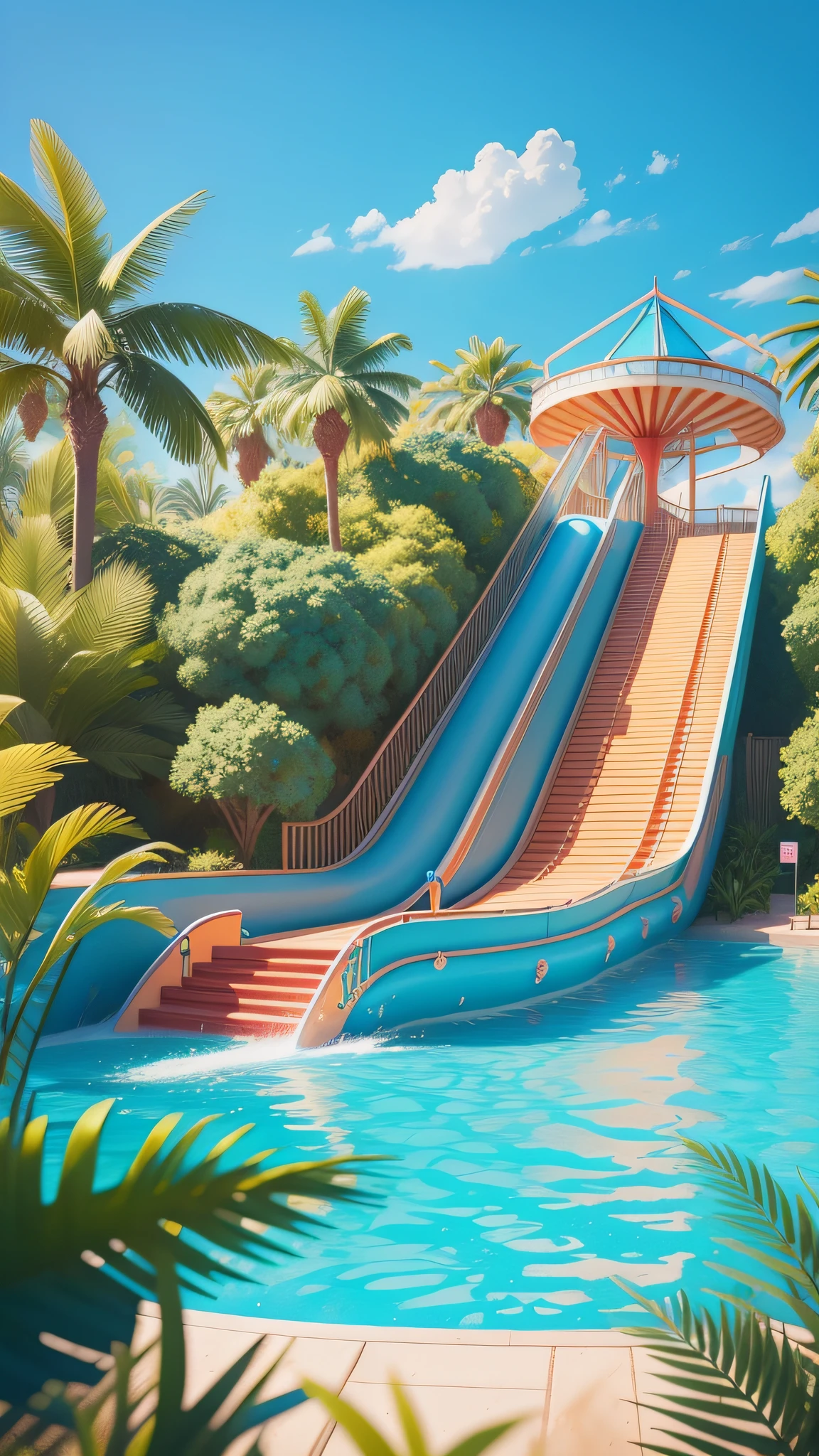 There is a poster with water park, water slide, water park, detailed 3D illustration, highly detailed watercolor 8 K, highly detailed 8K, water world, traditional art, commercial illustration, game illustration, modeling 3D art style, summer swimming party, featured art, official fan art, colorful