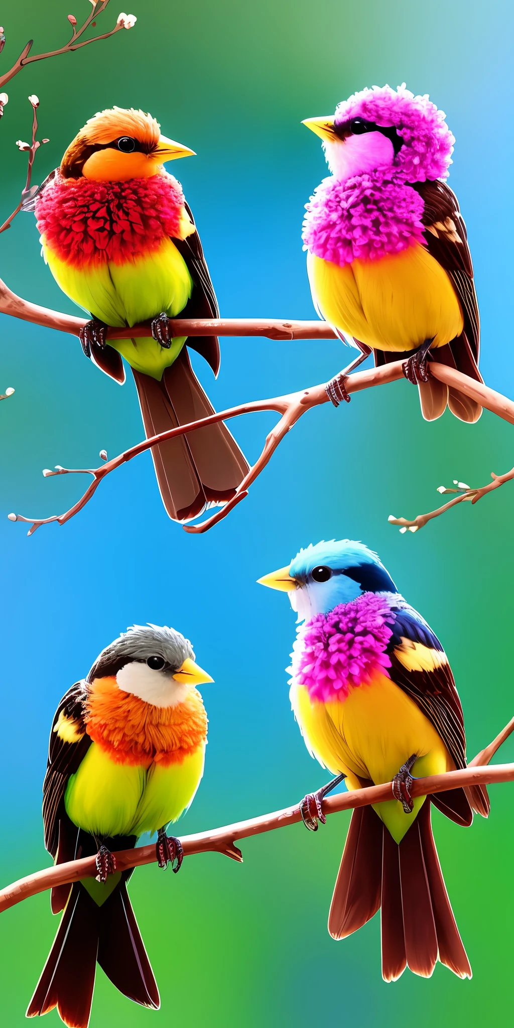 Beautiful birds together in a quiet momenta flowering branch A where I contemplate the colorful nature