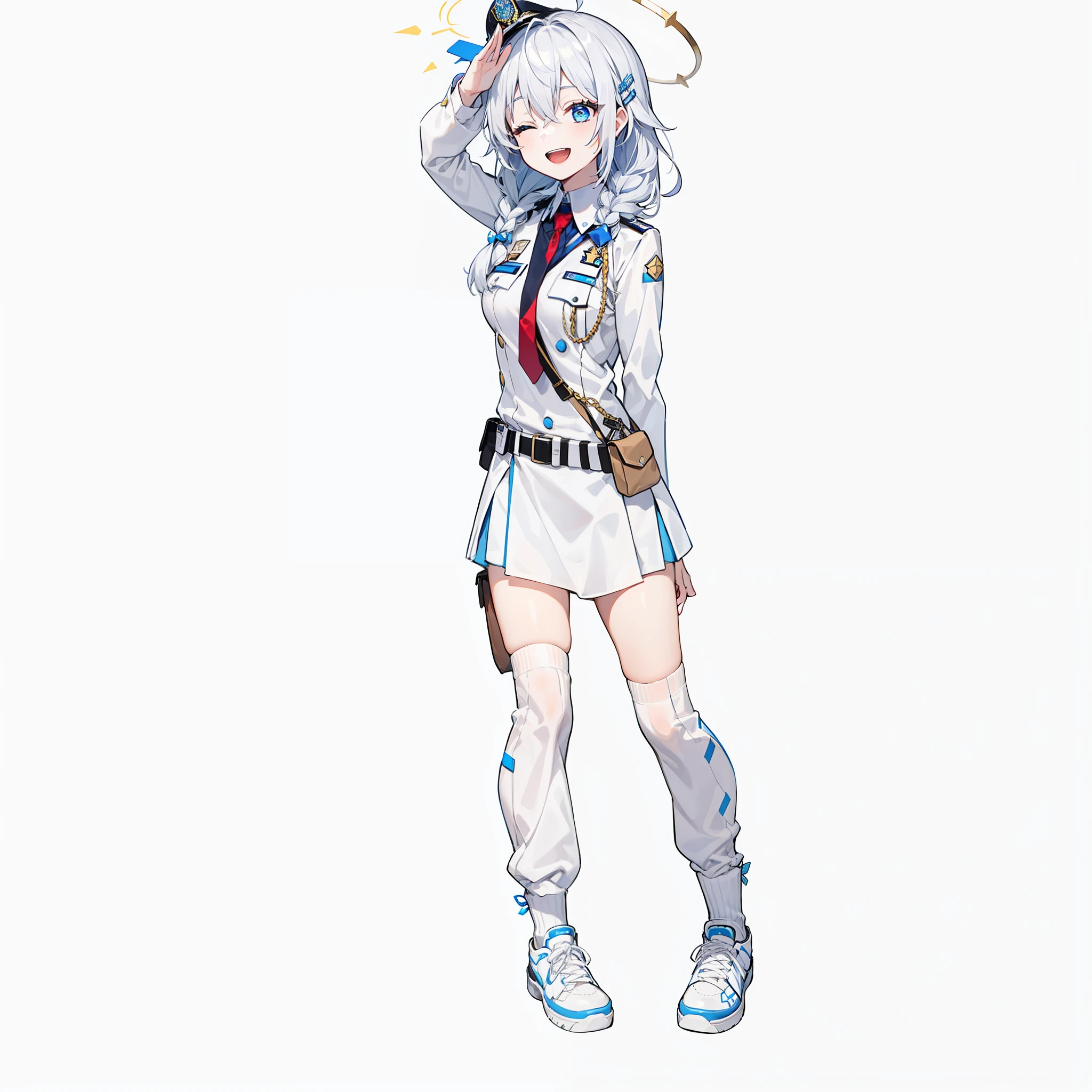 masterpiece, best quality, high res, perspective, 1girl, (sharp focus), looking ahead, blue eyes, medium breasts, ahoge, hair ornament, twin braids, necktie, halo, bangs, hair between eyes, blue eyes, shirt, skirt, smile, white police uniform, open mouth, hat, blue shirt, (white jacket:1.1), belt pouch, silver hair, black stockings, salute, hand on own hip, white background, one eye closed