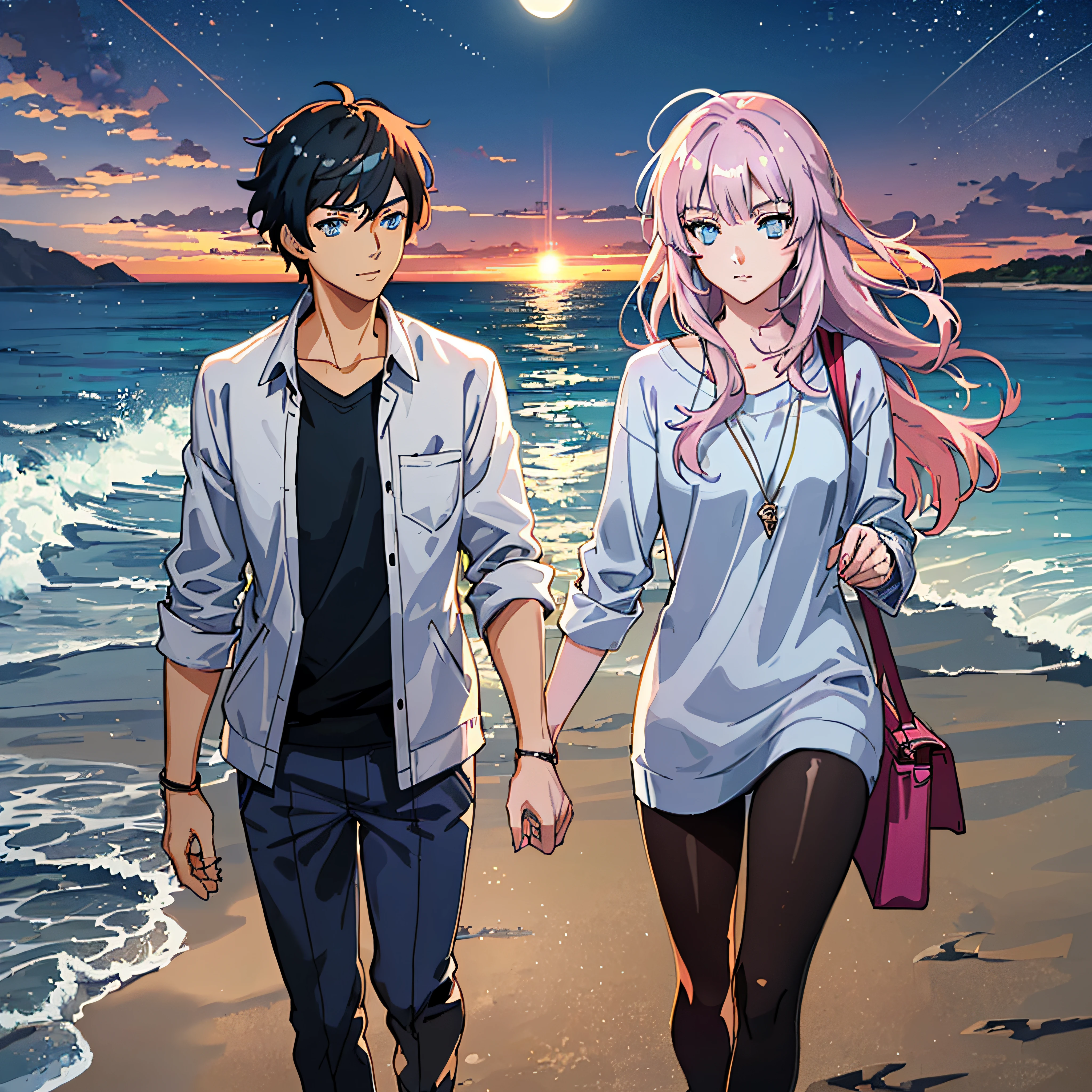 (female with pink hair, sparkling light blue eyes)+(man with black hair and sparkling dark blue eyes)+(anime style Ilya Kuvshinov:1.2)+(a couple walking on the beach in the moonlight, with the gentle ocean breeze)+(full body image)+(exchange passionate glances)