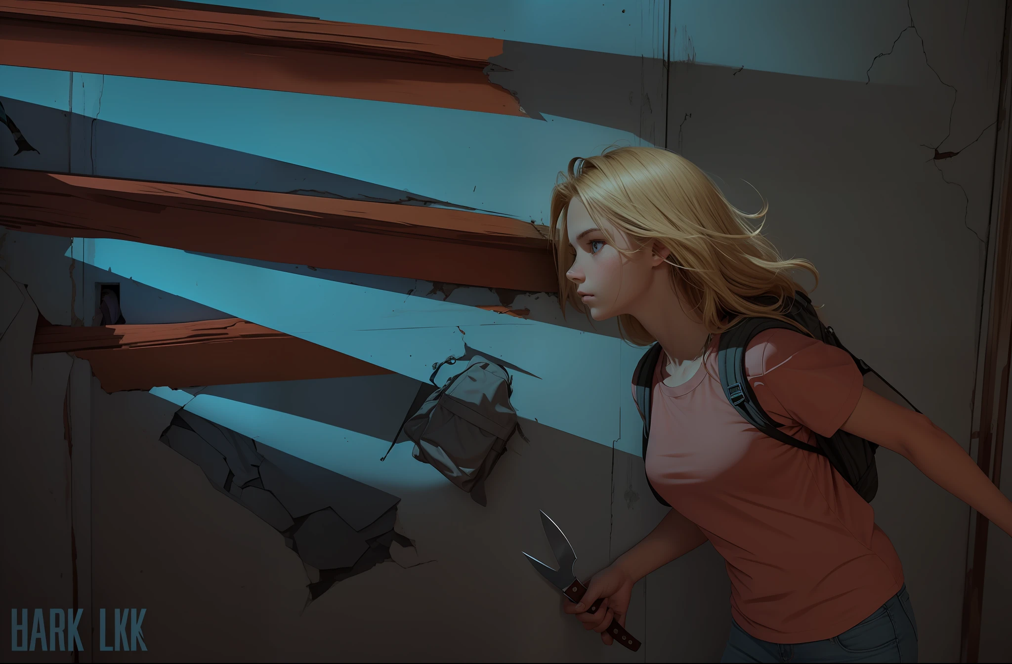 4k, realistic, very detailed, -yeld fee teenager, blonde, blue eyes, is wearing one, orange blouse, jeans and backpack, she holds a knife. She stands in front of a hole in the wall full of boards, through which passes a light and a clawed hand.