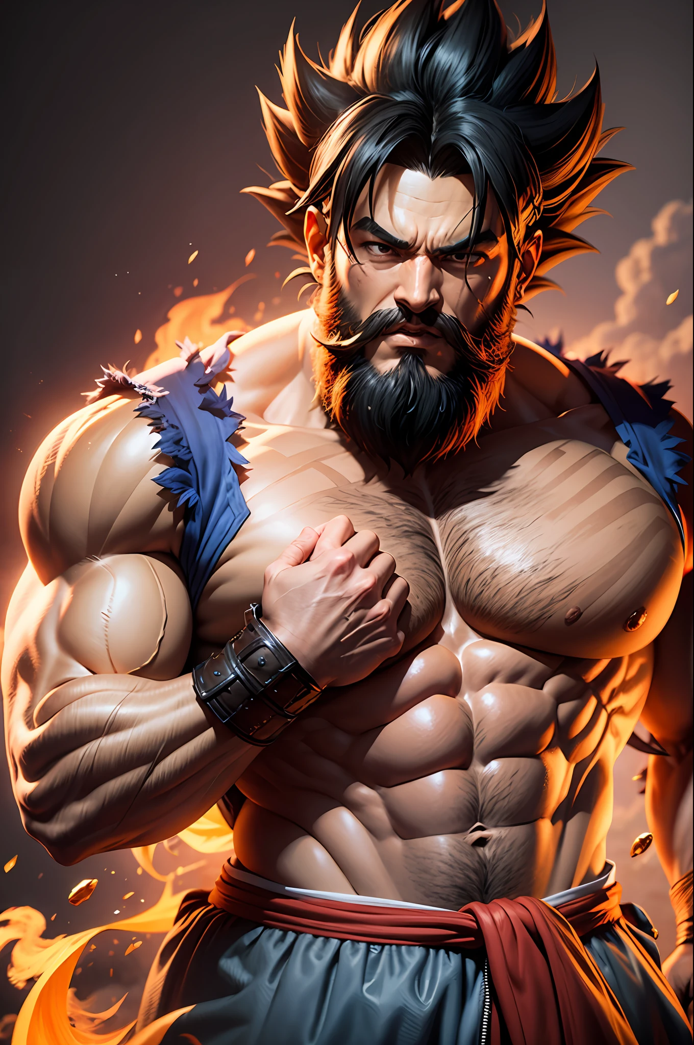 Goku with black hair with big beards in 3D well illustrated 8K realistic detailed --auto --s2