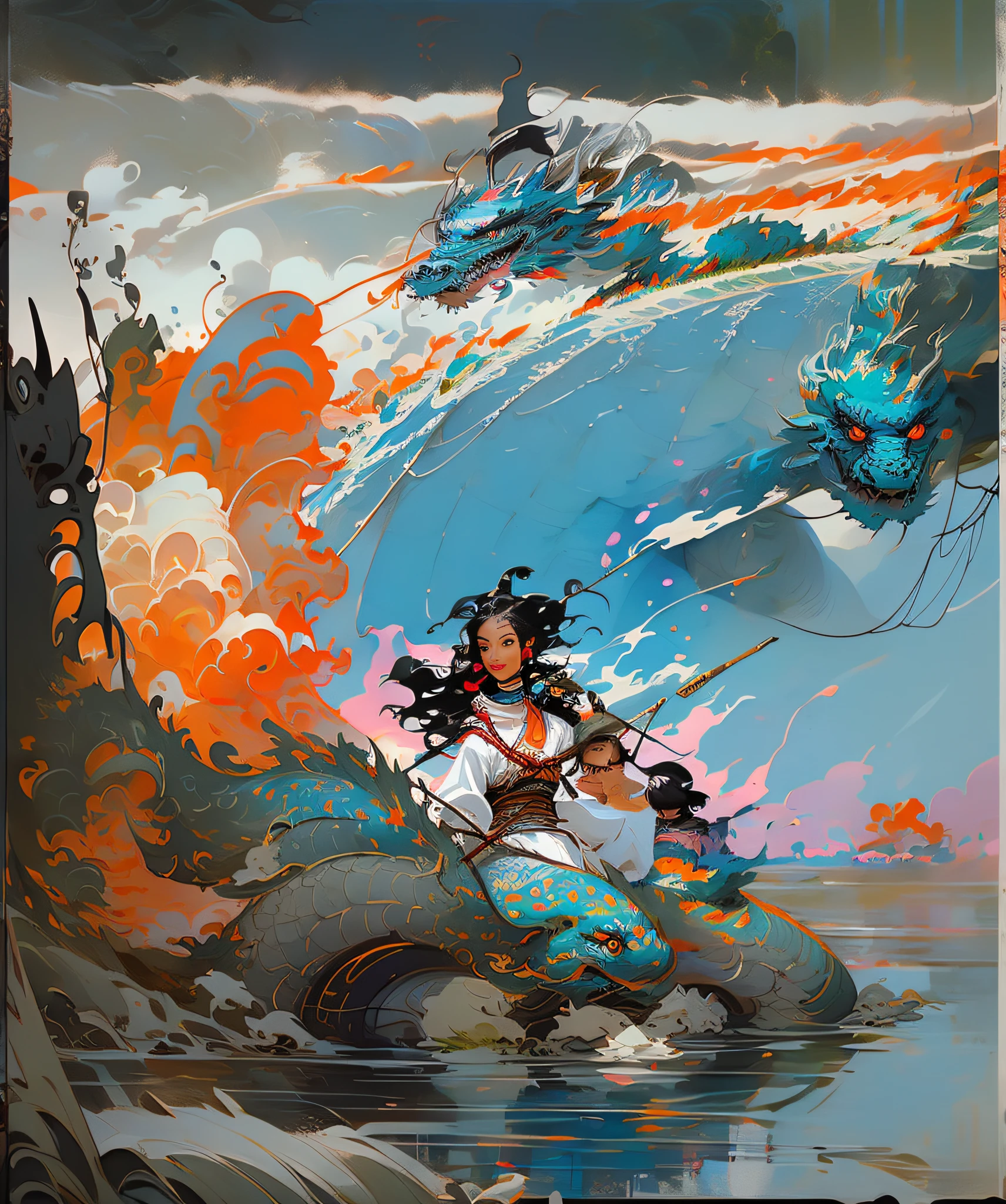 painting of a woman riding a dragon on a wave with a castle in the background, cyril rolando and goro fujita, krenz cushart and wenjun lin, rob rey and kentaro miura style, onmyoji detailed art, a beautiful artwork illustration, cyril rolando and m. w kaluta