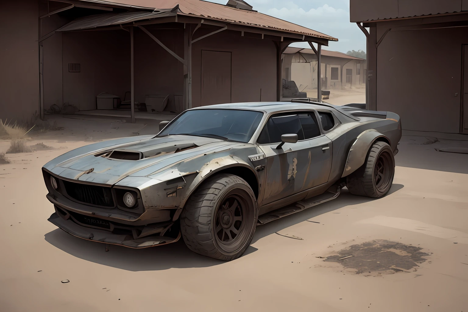 Create a cinematic, filmic image 4k, 8k with [George Miller's Mad Max style]. The image should be captured in a [wide-angle view] and depict [single] a [post-apocalyptic]  V8 [muscle car]. The car's paint is a [black] covered in a spots of [rust] and thin layer of smooth [dust] and [dirt], making it appear [rugged] and [gritty] but with visible [black color]
The car's body should be [sleek] and [aerodynamic], giving it a [low] and [aggressive] stance that conveys [power] and [speed]. The front of the car should feature a [distinctive] front nose cone with [rectangular lights] that adds to its [intimidating] appearance. The car's wheels should be [large] and [sturdy], with [thick] tires that can handle the [rough] terrain of the [post-apocalyptic] wasteland. The rims should be made of [durable] metal with a [unique design] that showcases the car's [individuality].
In addition, the car should have [eight exhaust side pipes]. The car should also feature a Weiand 6-71 [supercharger] mounted on the hood, protruding through the bonnet.
Car should be designed to look both [powerful] and [functional], built to withstand the [harsh] conditions of the [post-apocalyptic] wasteland.
The image should be [ultra-realistic], with [high-resolution] captured in [natural light]. The lighting should create [soft shadows] and showcase the [raw] and [vibrant colors] of the car. The image should be a highly-detailed photography set in a [post-nuclear], [fallout] like setting, conveying a sense of [danger] and [grittiness]. The final image should be a [masterpiece], with a [realistic portrayal] of the Interceptor that is both [intimidating] and [awe-inspiring]. Background should contain [empty desert highway], image takes place before the storm, with the [hot summer sun] still shining brightly in the sky, but in the distance, the sky is a [dark and foreboding shade of blue], hinting at an impending storm