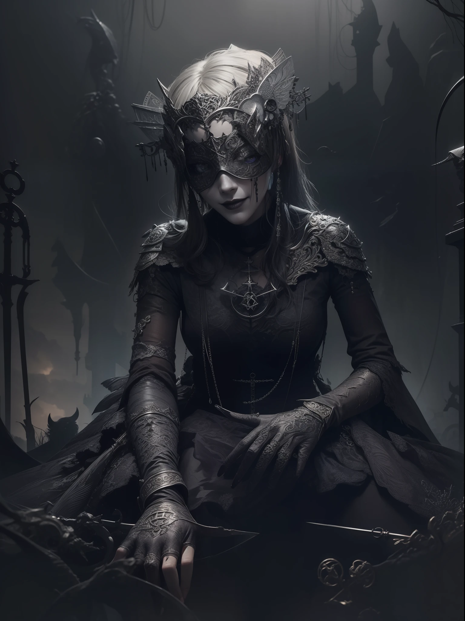 (Masterpiece:1), realistic, ((cinematic lighting)), official art, unity 8k wallpaper, ultra detailed, beautiful and aesthetic, High quality, beautiful, best quality, ((occult symbols)), esoteric, holy divination, fractal patterns, (a sister), a madure 40 years old woman wearing a silver blind mask, (smile: 0.8), thin and slender, black long hair (black hair: 1.2), black lips, perfect hands, perfect fingers, straight hair, choker, (black clothes), armor, ((Cassock)), capelet, elbow gloves, a crow (a crow: 1.2), on side, full body (from below, dutch_angle: 1.1), dutch angle, gothic cemetery, horror, dark_fantasy.