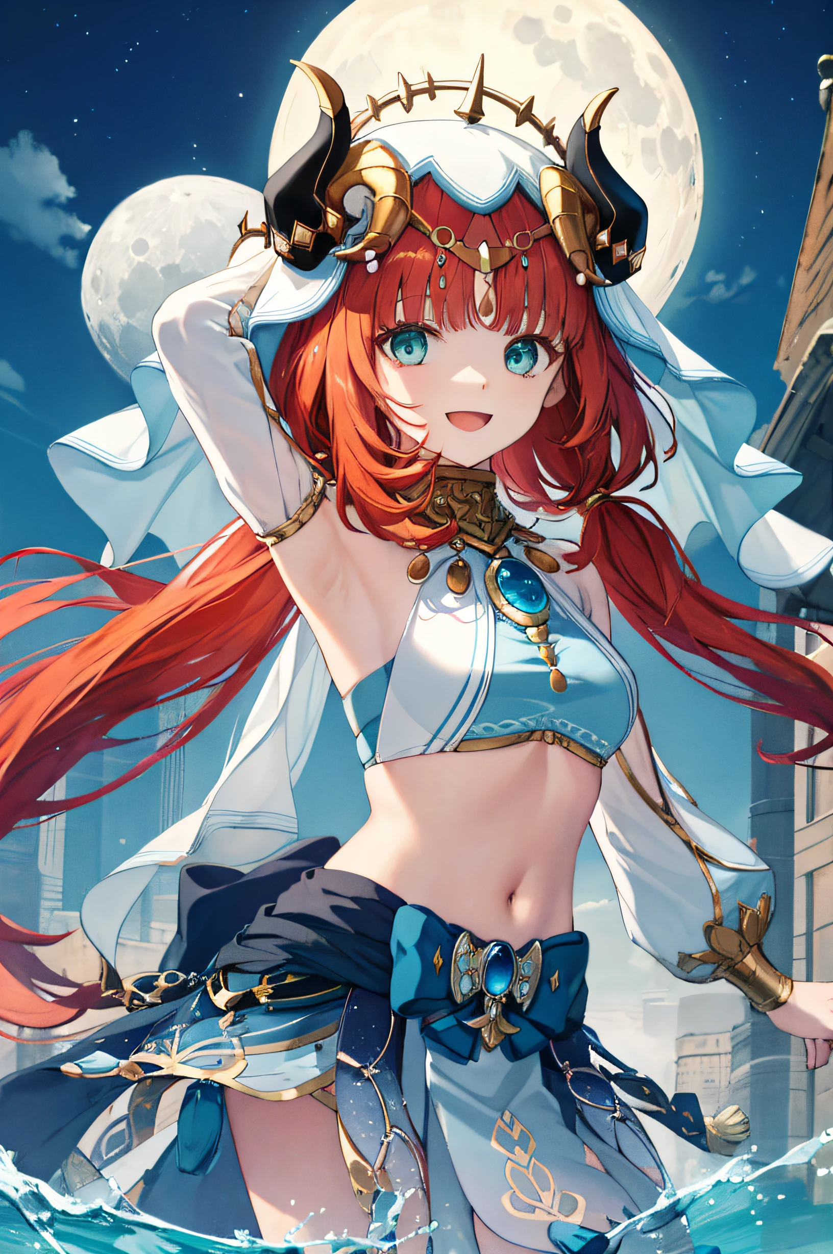(Realistic painting style:1.1), masterpiece, best quality, absurdres, nilou (neither flower nor mist) (genshin impact), aqua eyes, nilou (genshin impact), fake horns, 1girl, solo, red hair, veil, smile, moon, long hair, crop top, jewelry, horns, night, bracer, brooch, long sleeves, puffy long sleeves, looking at viewer, skirt, bangs, twintails, water, puffy sleeves, sky, neck ring, open mouth, :d, full moon, night sky, flower, harem outfit, gold trim, parted bangs, arm up, breasts, circlet, outdoors, blue skirt, hair ornament, detached sleeves, low twintails, floating hair, gem, hair flower, blue gemstone, hand up, dancer, white headwear, small breasts, stomach, midriff, cowboy shot, blue bow, very long hair