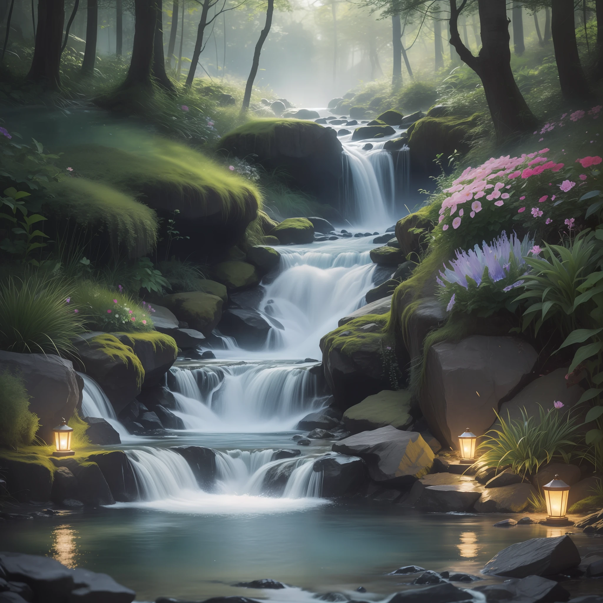 "Enchanting bioluminescent spring waterfall, adorned with vibrant flowers, bathed in a mesmerizing glittering glow, bringing the beauty to life in stunning HD and 4K, creating a truly photorealistic masterpiece."
