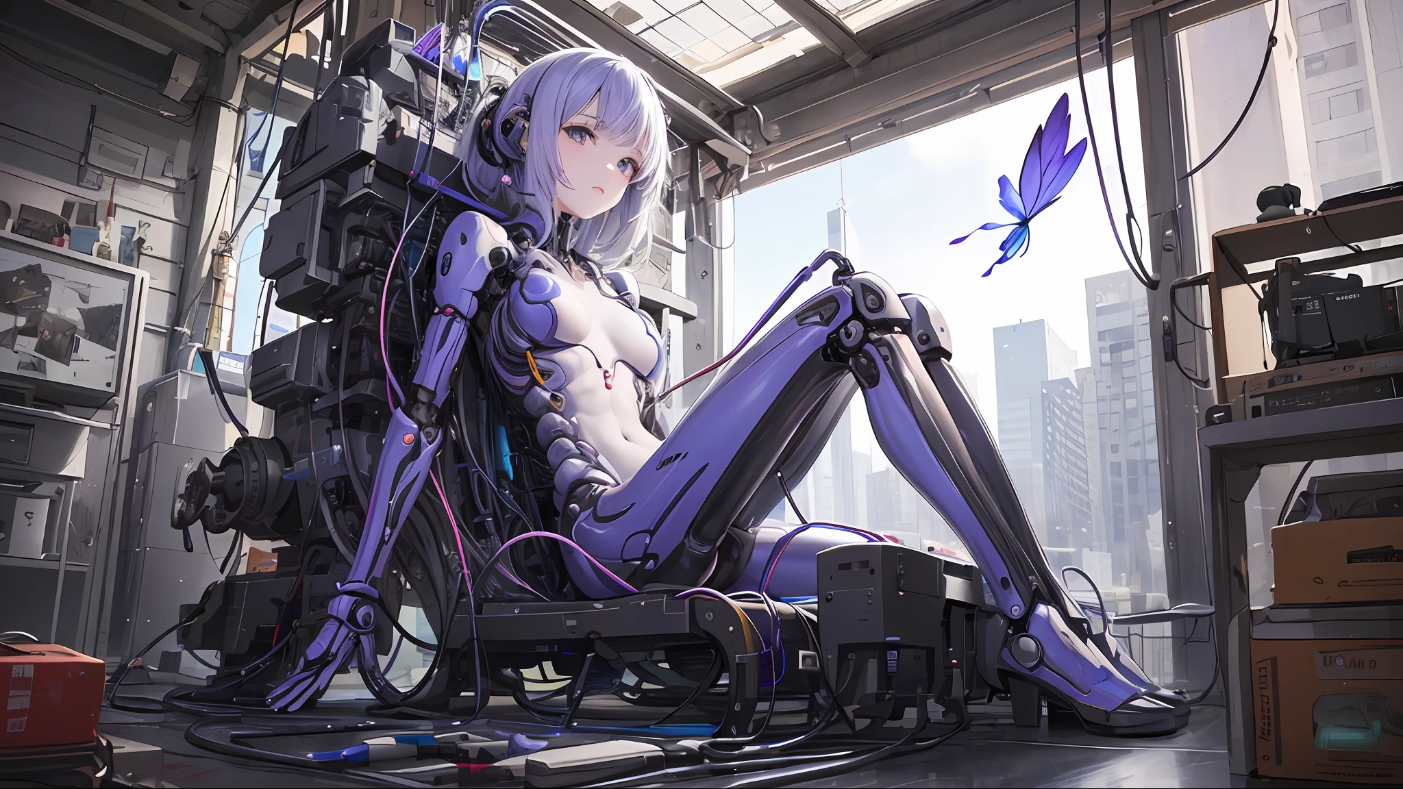 (((masterpiece))), ((best quality)), ((ultra-detailed)), (CG illustration), (an extremely devious and beautiful)), (cute desktop face), cinematic light, ((1 mechanical girl)), blue and purple gradient tones, beautiful face, face, blue crystal butterfly, Tyndall light, aesthetic light and shadow, single, full body, female perfect body, (machine-made joints: 1.4), ((mechanical limbs)), (blood vessels attached to tubes), ((mechanical spine attached to the back)), ((mechanical cervical vertebrae attached to the neck), ((sitting)), expressionless, (wires and cables attached to the head and body: 1.5), (character focus), science fiction
