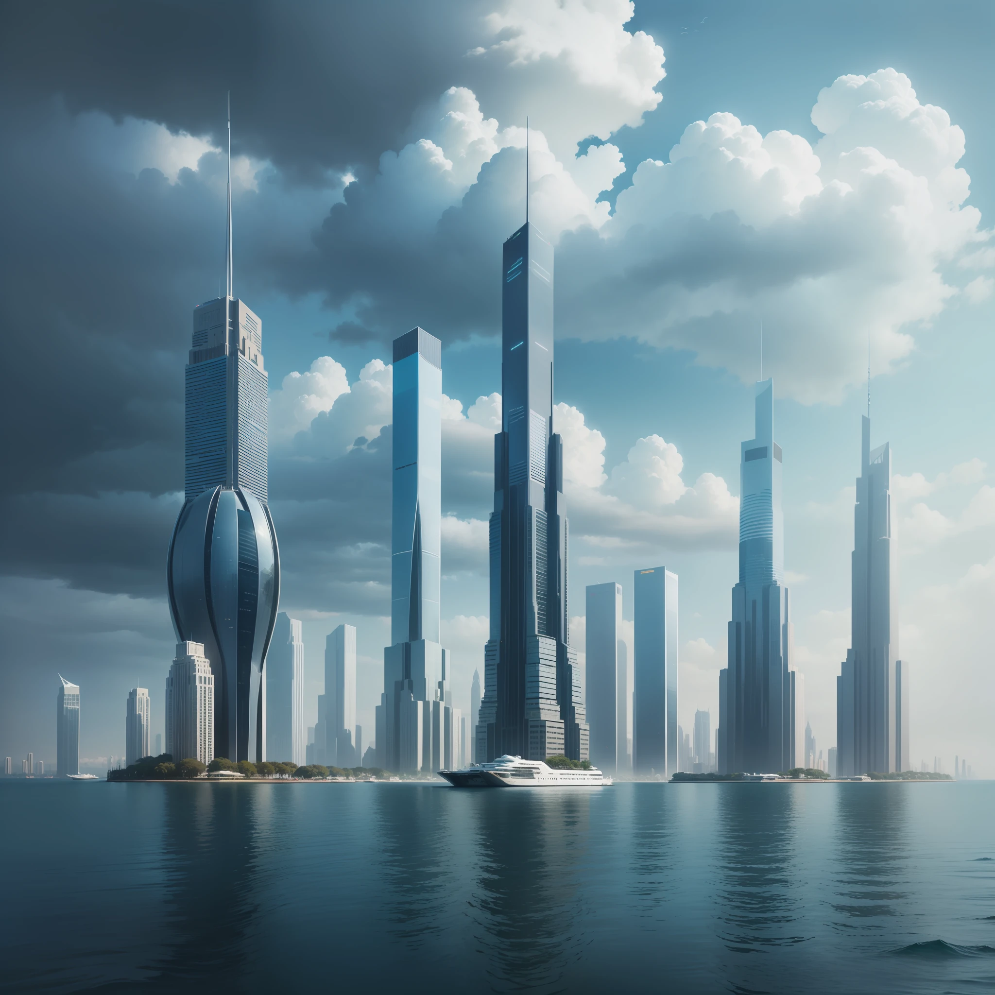 Skyscrapers floating on the sea The sea Max Quality MasterPiece SF Future World