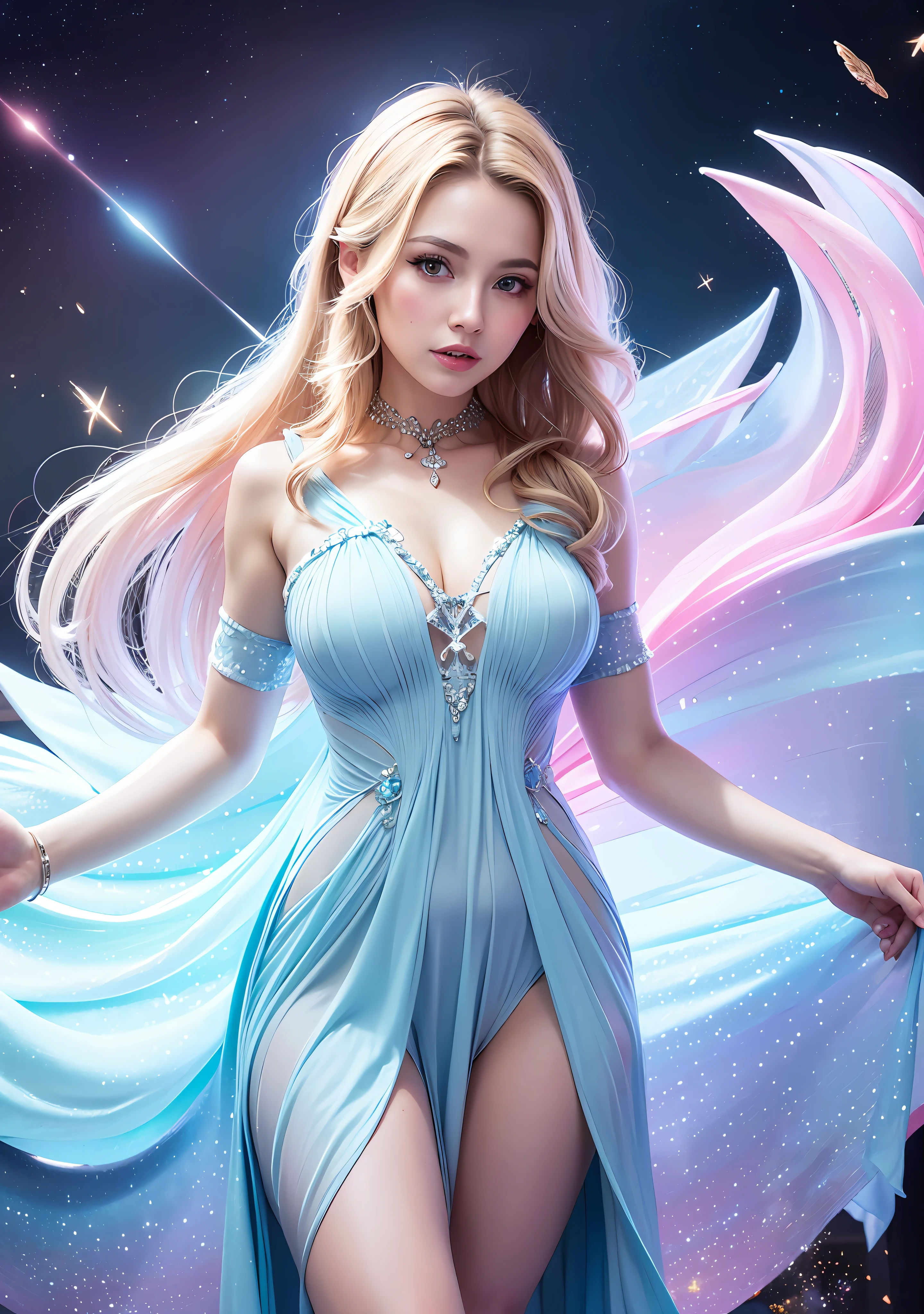 Top quality, lots of details, with a woman in a light blue dress posing for a photo, moon themed costume, astral witch costume, fantasy costume, live-action girl cosplay, beautiful celestial mage, inspired by cold plum, bandeau dress, popular on cgstation, celestial goddess, April rendering, light blue, dreamy medium portrait top light, light blue skin, amouranth, fantasy dress, full body close-up