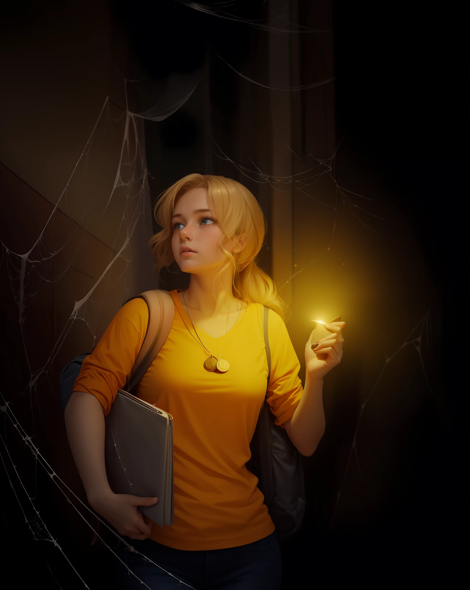 4k, realistic, very detailed, -yeld fee teenager, blonde, blue eyes, is wearing one, orange blouse, jeans and backpack, she holds a notebook. She's in a dark hallway with a lot of cobweb. She holds a coin that glows. She's looking up, startled