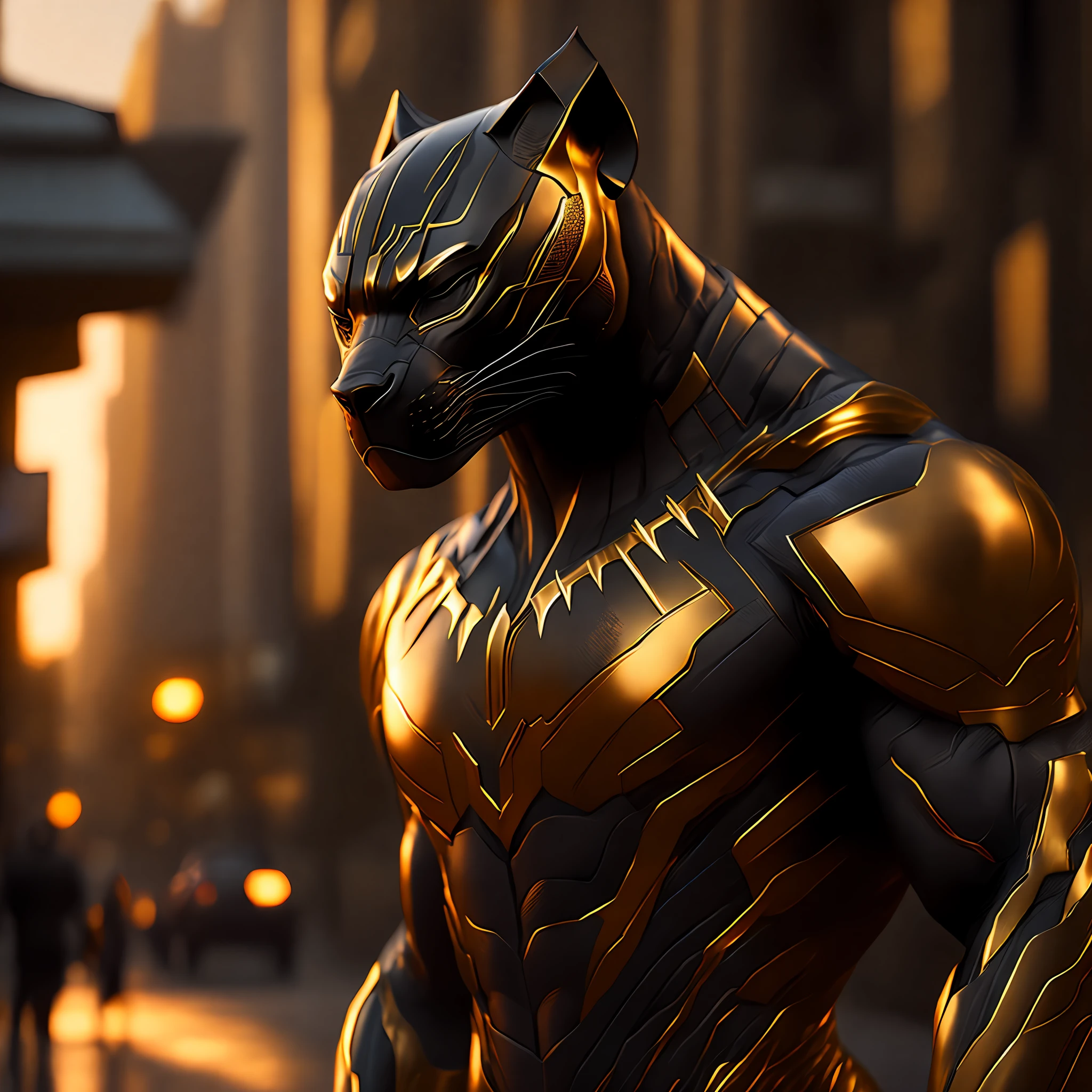 Photo of Golden Black Panther from Marvel standing in the city streets, rtx, octane, unreal. high detailed, photorealistic,