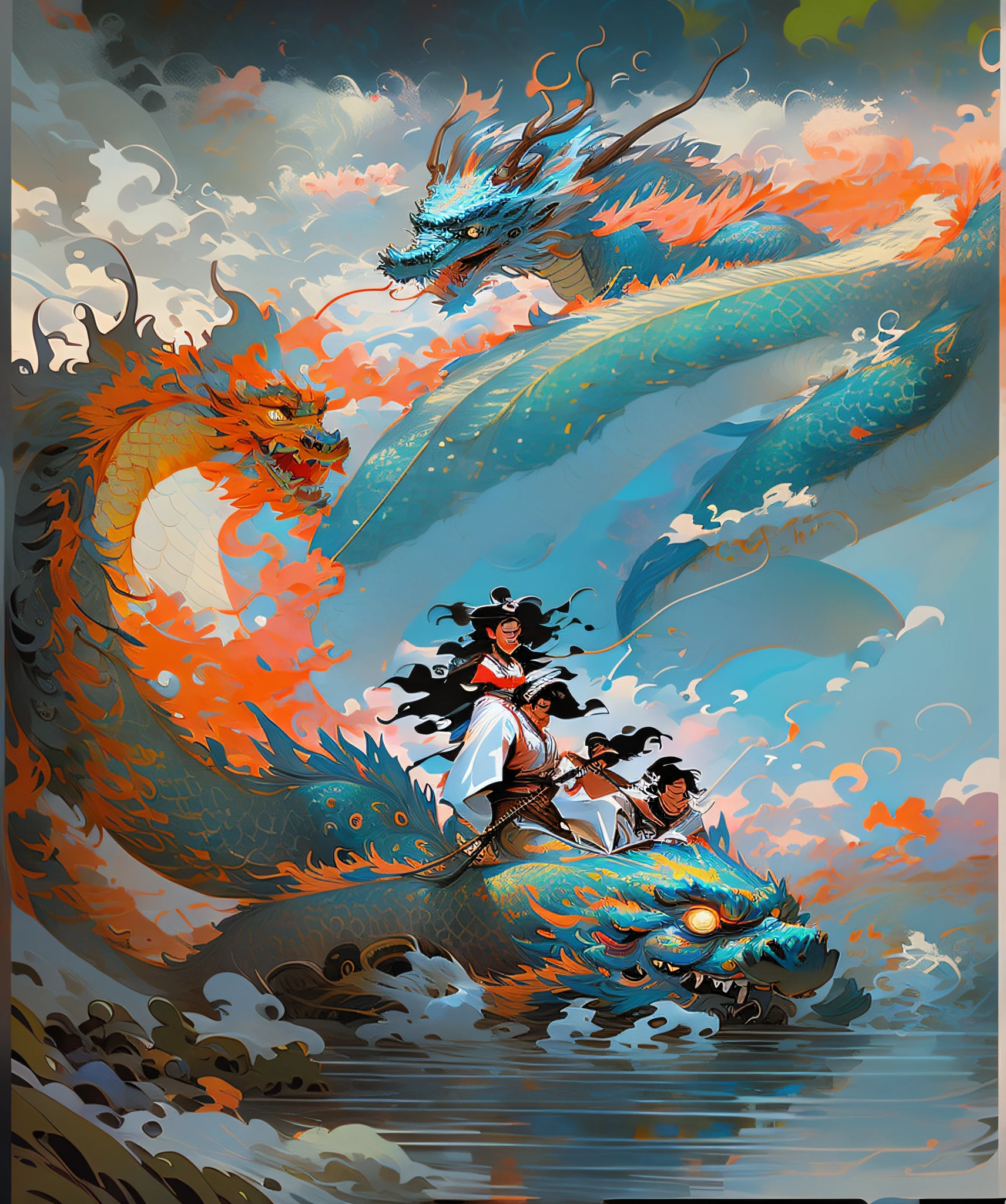 painting of a woman riding a dragon on a wave with a castle in the background, cyril rolando and goro fujita, krenz cushart and wenjun lin, rob rey and kentaro miura style, onmyoji detailed art, a beautiful artwork illustration, cyril rolando and m. w kaluta