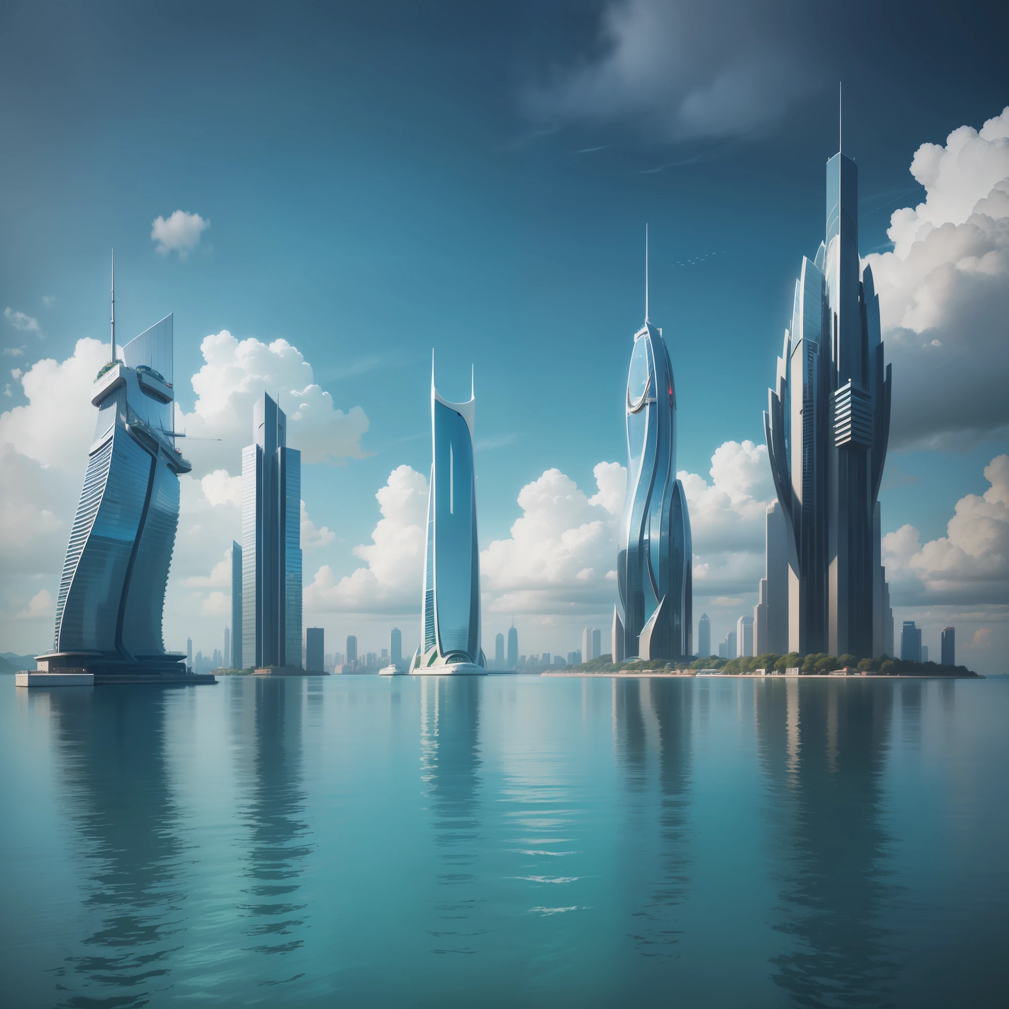 Skyscrapers floating on the sea The sea Max Quality MasterPiece SF Future World