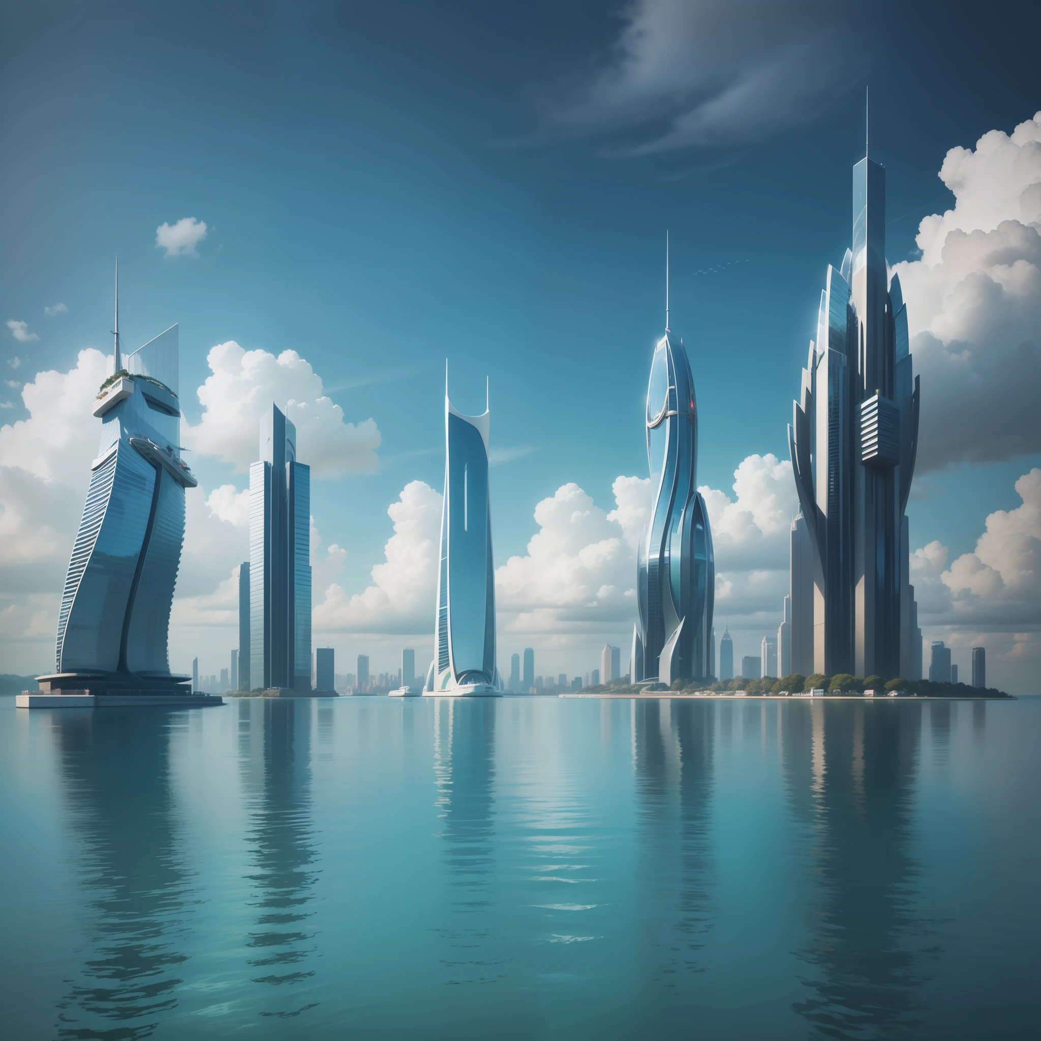 Skyscrapers floating on the sea The sea Max Quality MasterPiece SF Future World